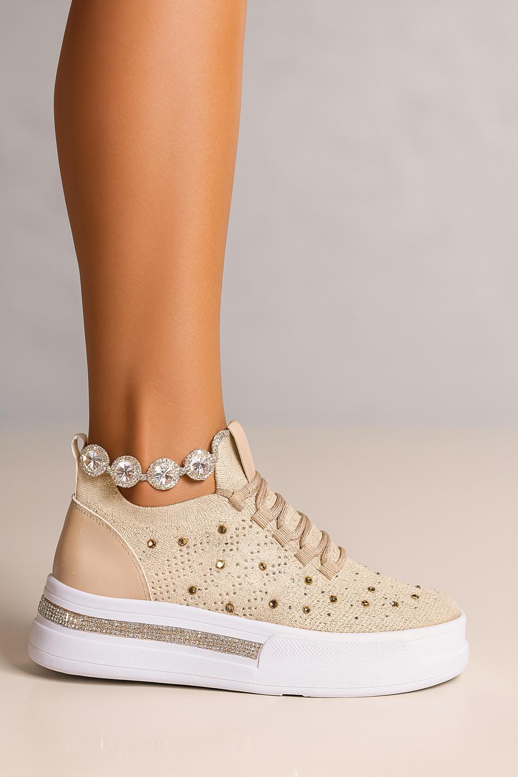 Napol Kristal Taşlı Gizli Topuk Triko Spor Ayakkabı Bej