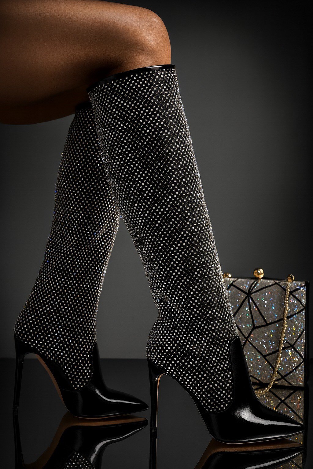 Oloho Crystal Stone Long Boot Black Patent