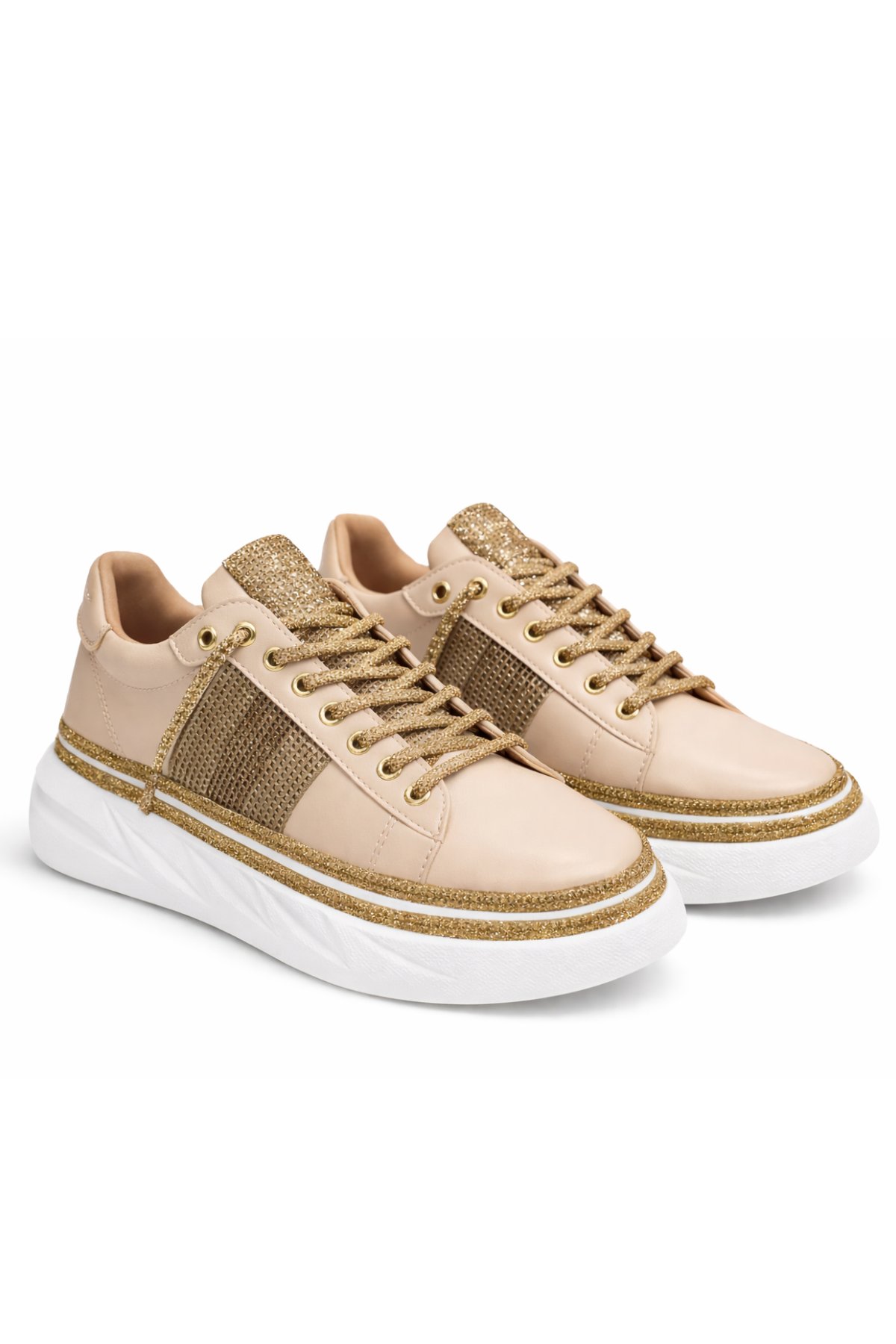 Pille Kristal Taşlı Özel Tasarım Spor Ayakkabı Vizon