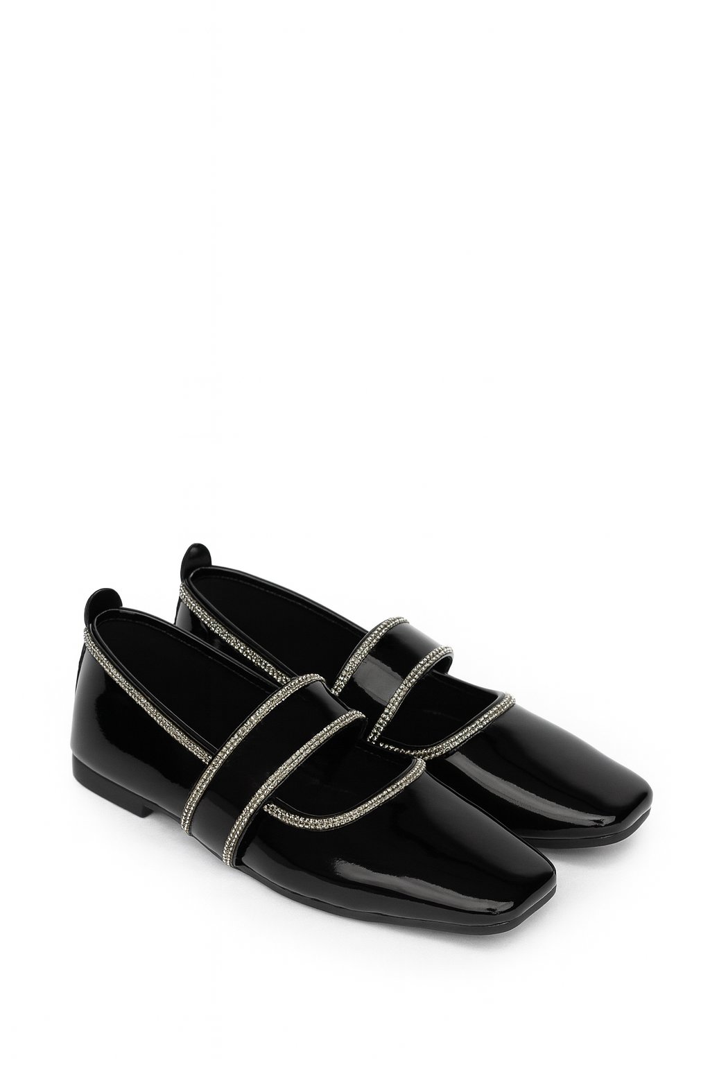 Pisa Kristal Taşlı Rugan Babet Gümüş Siyah - KADIN AYAKKABI