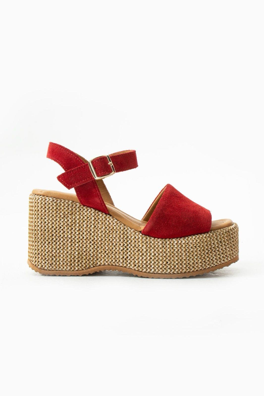 Plaza Süet Deri Dolgu Topuk Hasır Sandalet Kırmızı