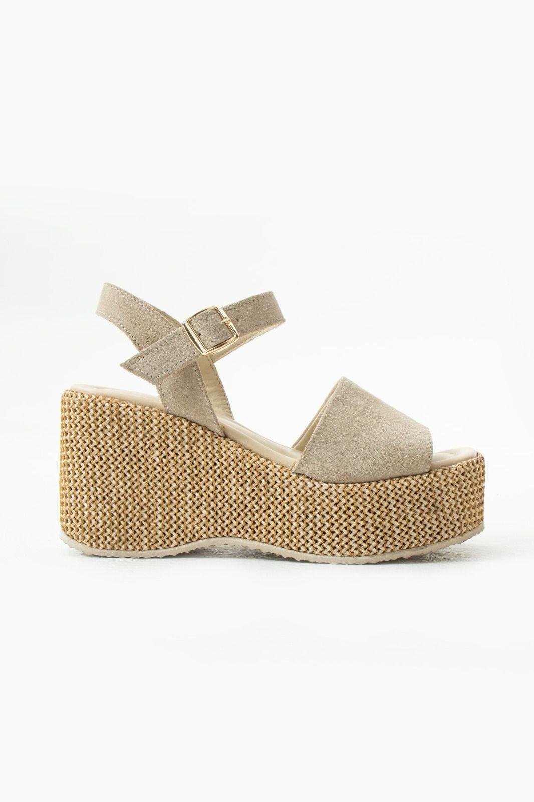 Plaza Süet Deri Dolgu Topuk Hasır Sandalet Bej - WOMAN SHOES
