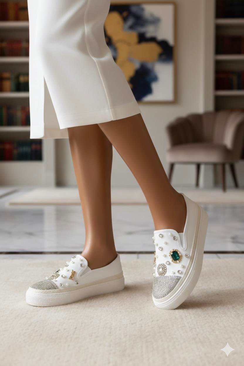 Rovilya Kristal Taşlı Özel Tasarım Spor Ayakkabı Beyaz - 