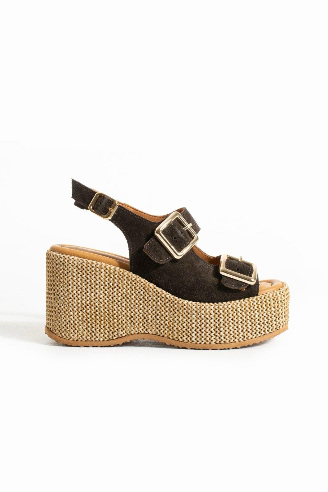 Roxi Hasır Dolgu Topuk Süet Deri Sandalet Koyu Kahve - WOMAN SHOES