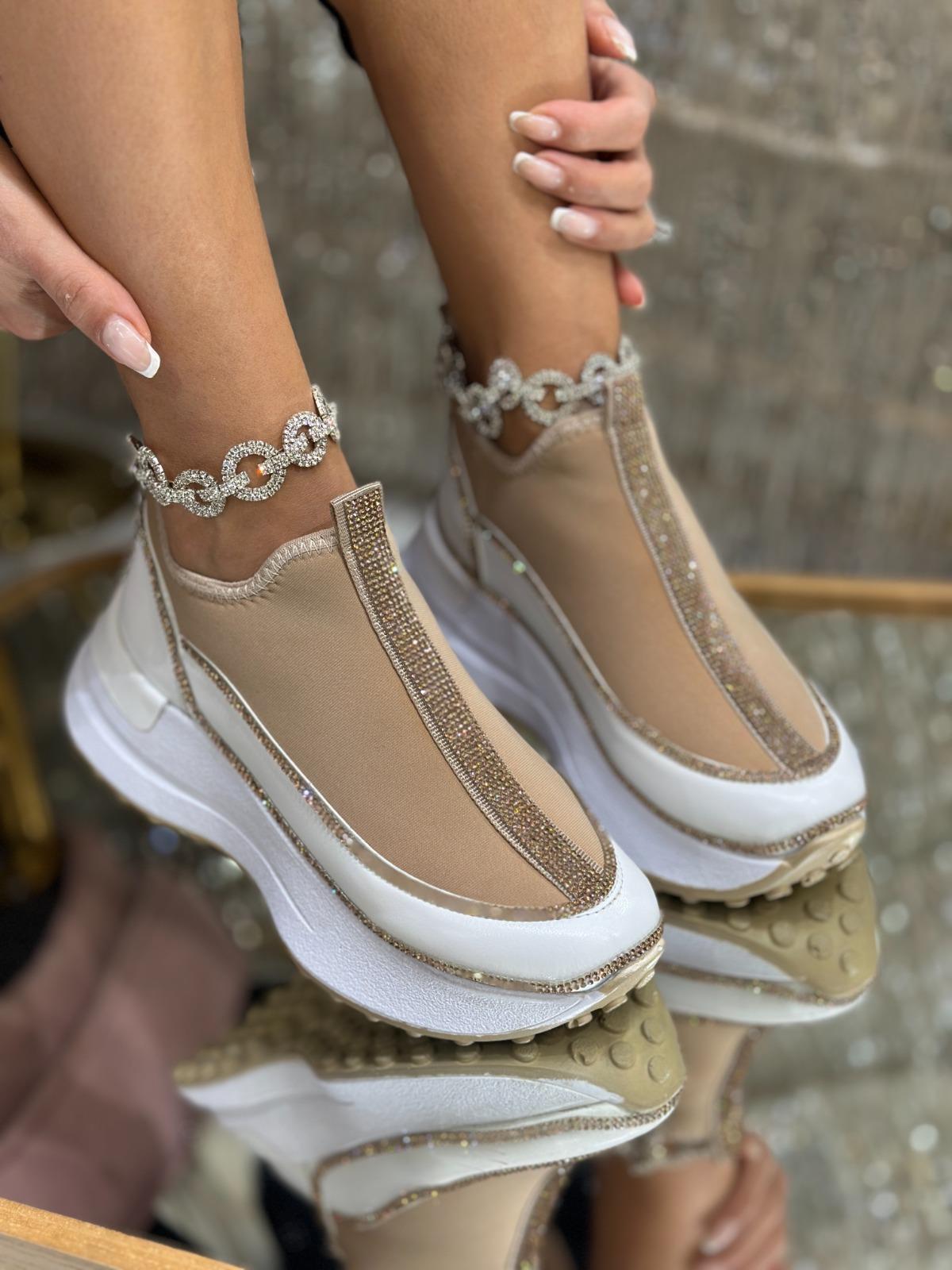 Sagapo Kristal Taşlı Özel Tasarım Spor Ayakkabı Kahverengi