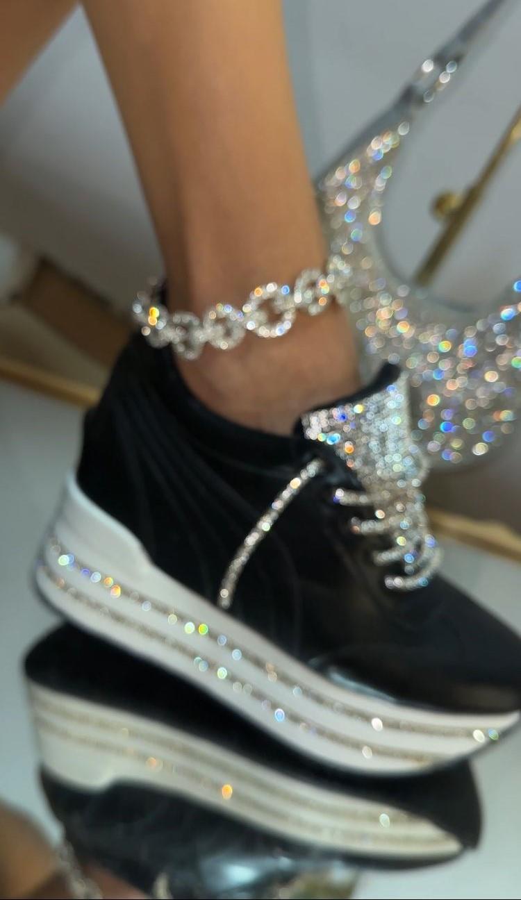 Santio Extreme Kristal Taşlı Gizli Topuk Spor Ayakkabı Siyah