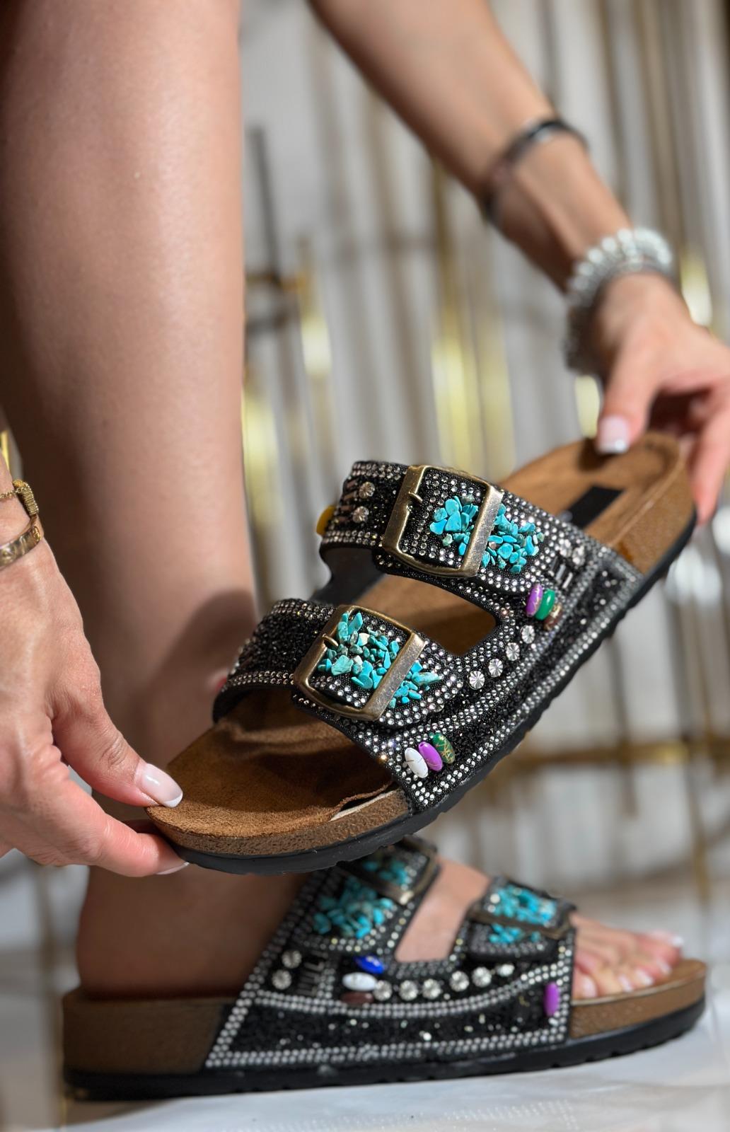 Seastone Kristal Taşlı Özel Tasarım Terlik Siyah - KADIN AYAKKABI