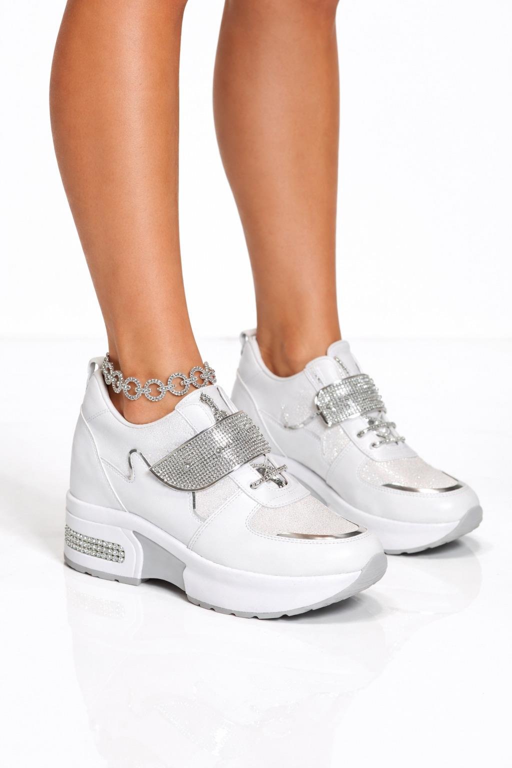 Tiha Kristal Taşlı Gizli Topuklu Spor Ayakkabı Beyaz