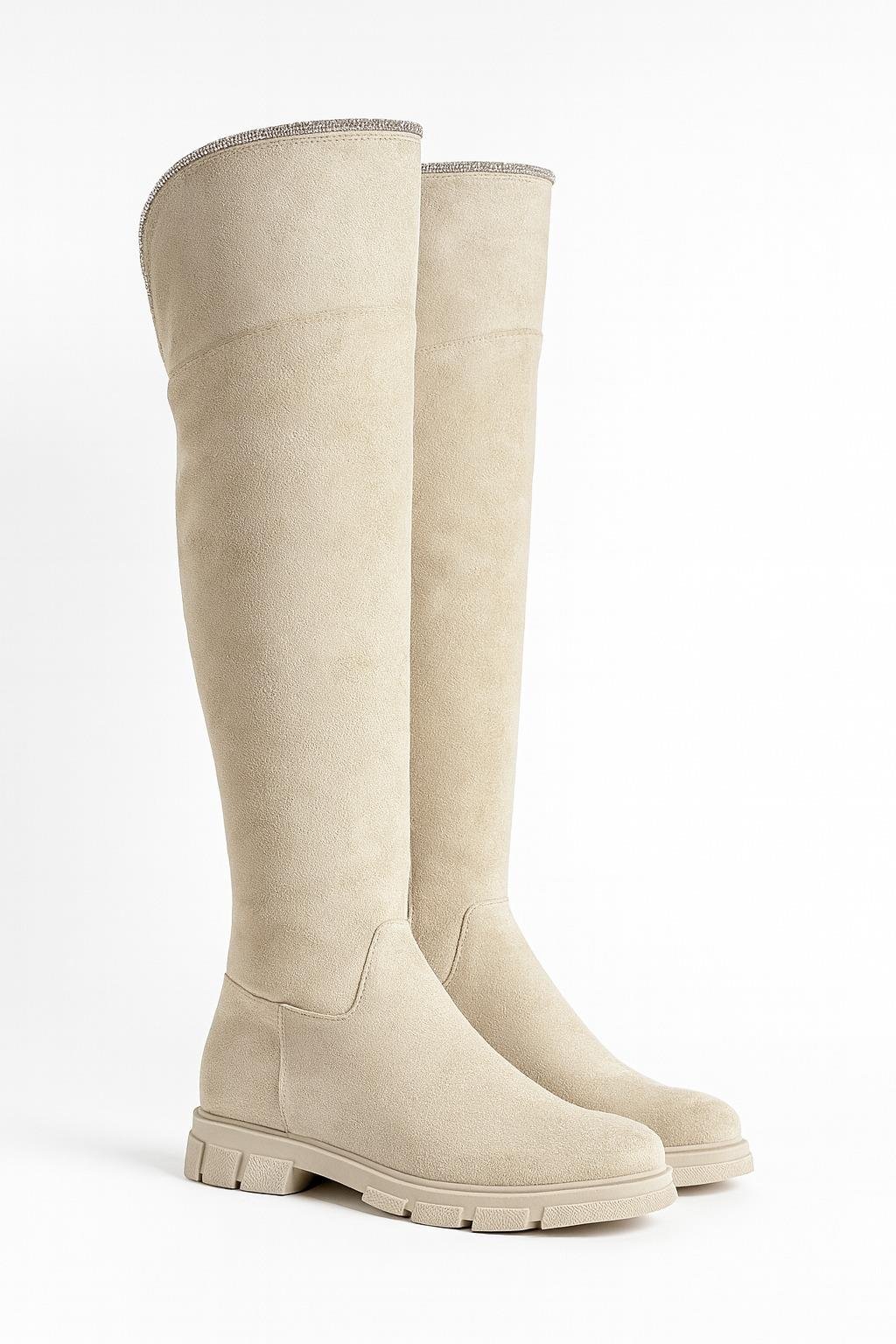 Tuya Diz Üstü Uzun Çizme Bej