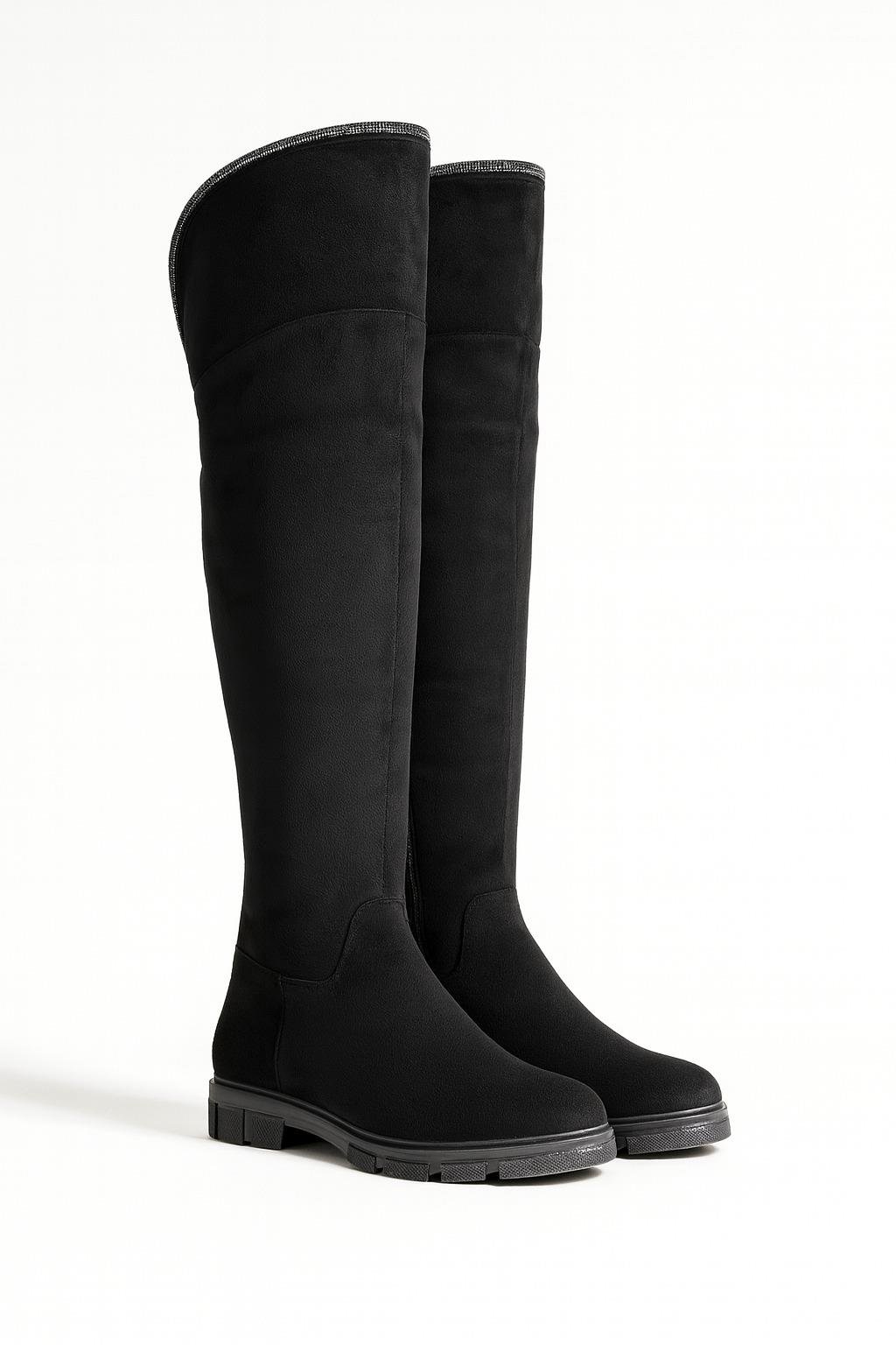 Tuya Diz Üstü Uzun Çizme Siyah - Düz Çizme