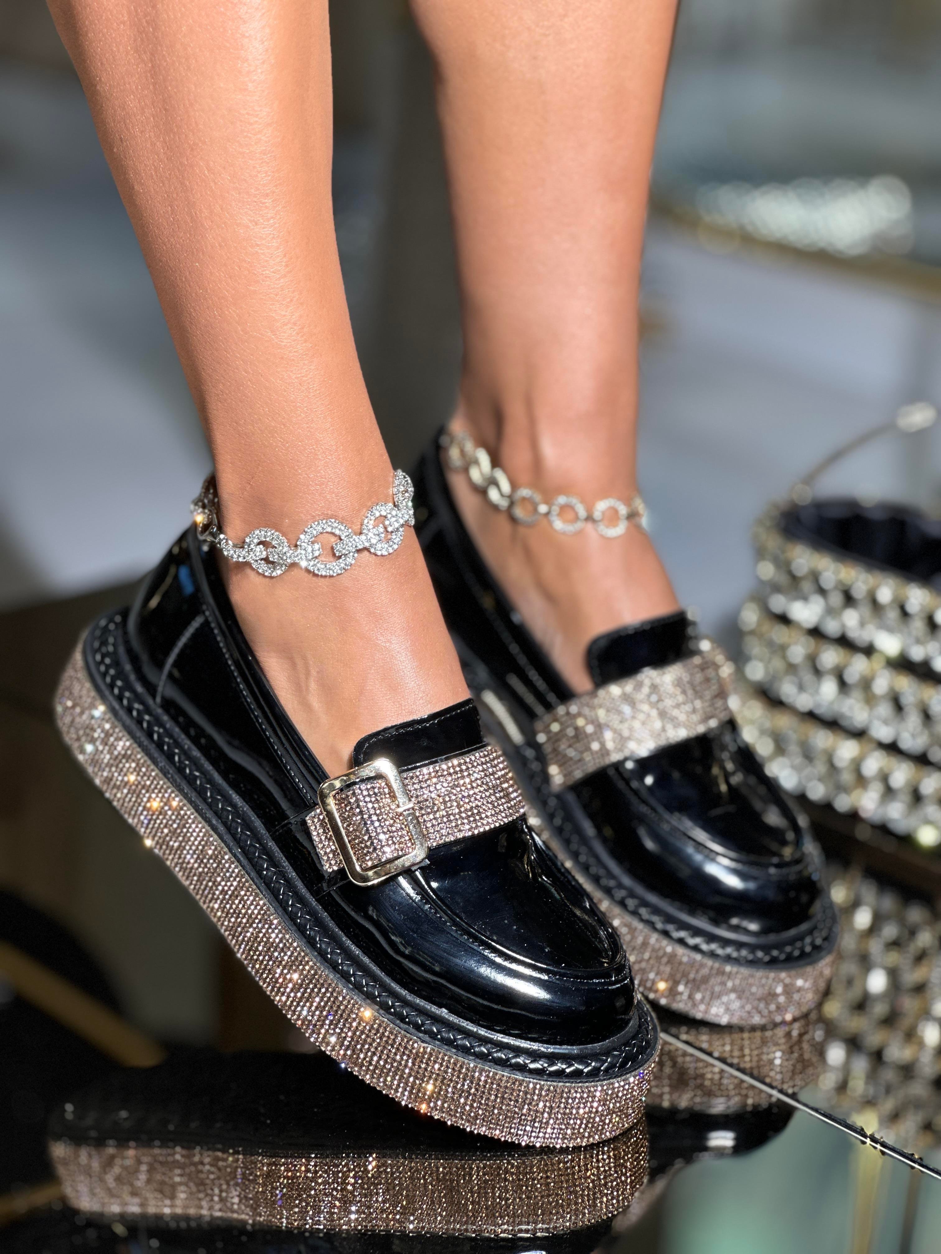 Volan Kristal Taşlı Rugan Loafer Siyah - KADIN AYAKKABI
