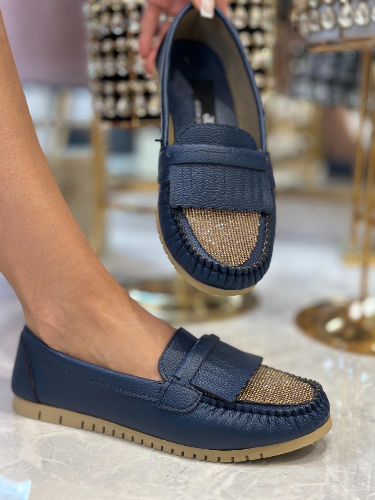 Wine Kristal Taşlı Özel Tasarım Babet Lacivert