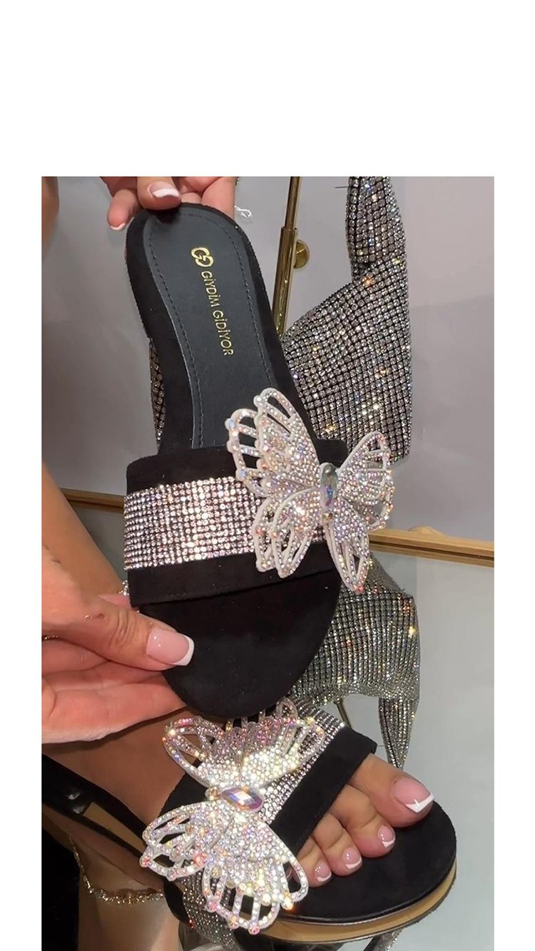 Zam Zam Kristal Taşlı Terlik Siyah Gümüş 