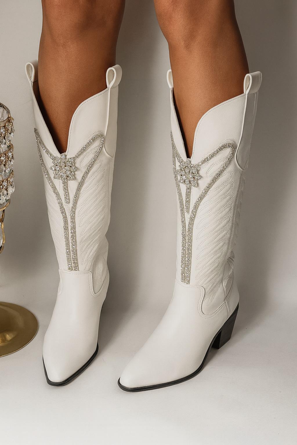 Zazs Özel Tasarım Kovboy Çizme Beyaz