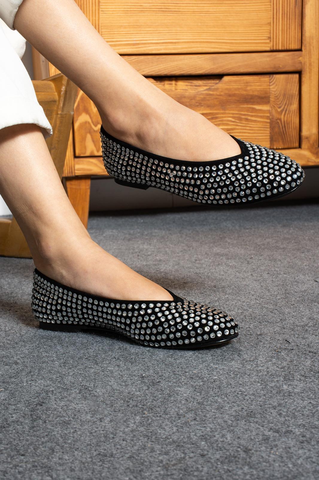 Zinzi Kristal Taşlı Babet Siyah - KADIN AYAKKABI