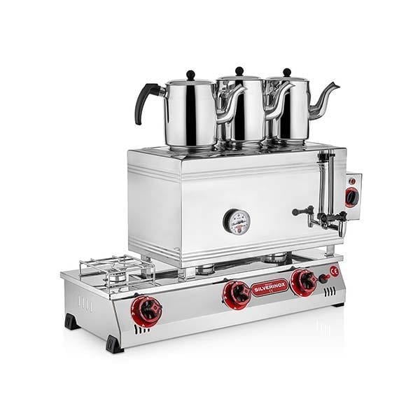 SilverInox 2101-D, 60 Model Kaynaklı 3 Demlikli Çay Ocağı, Çift Taban, 33 L, Elektrikli + Doğalgazlı