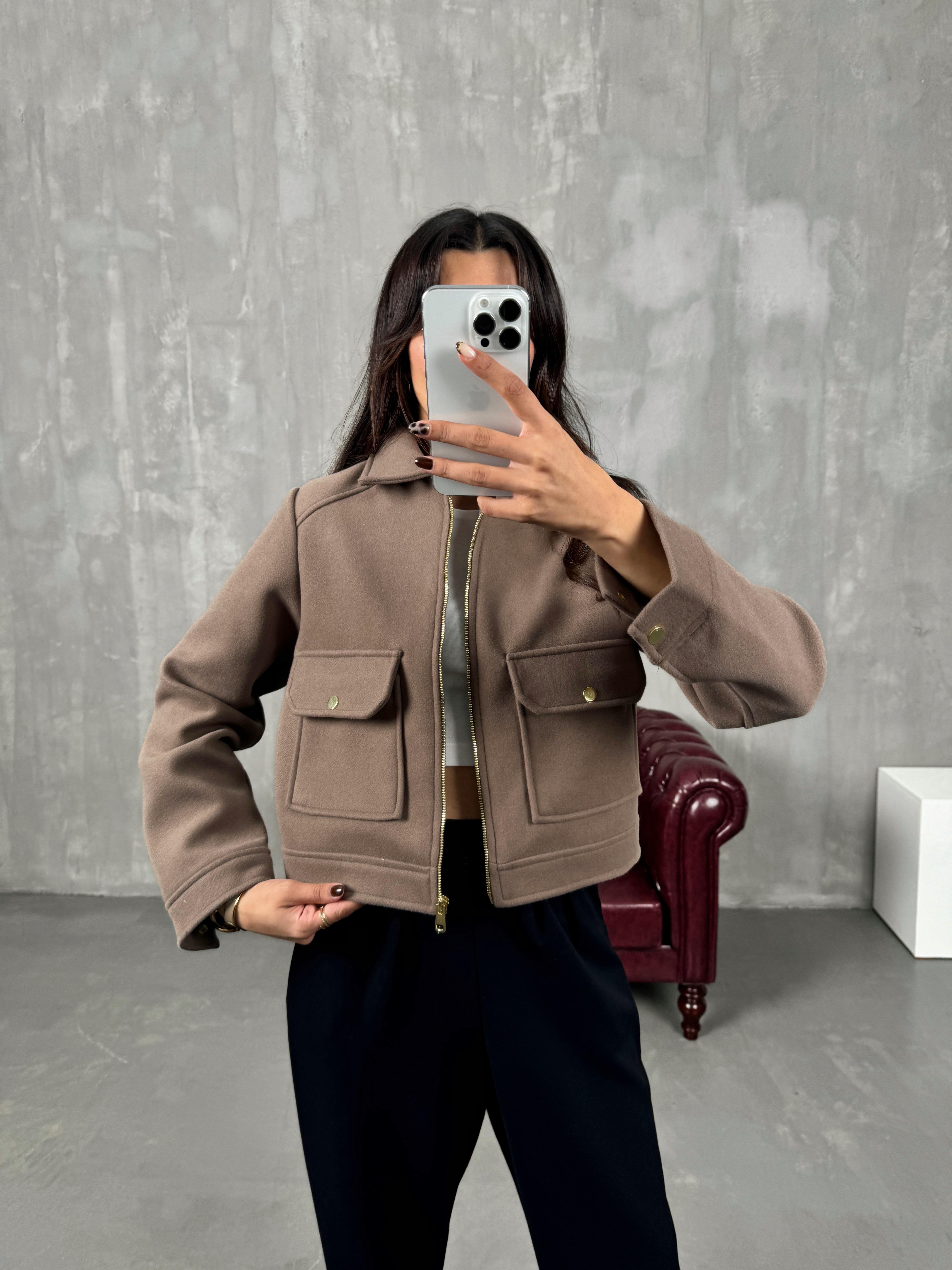 Ressa Kahve Fermuarlı Astarlı Cepli Kaşe Muadil Ceket