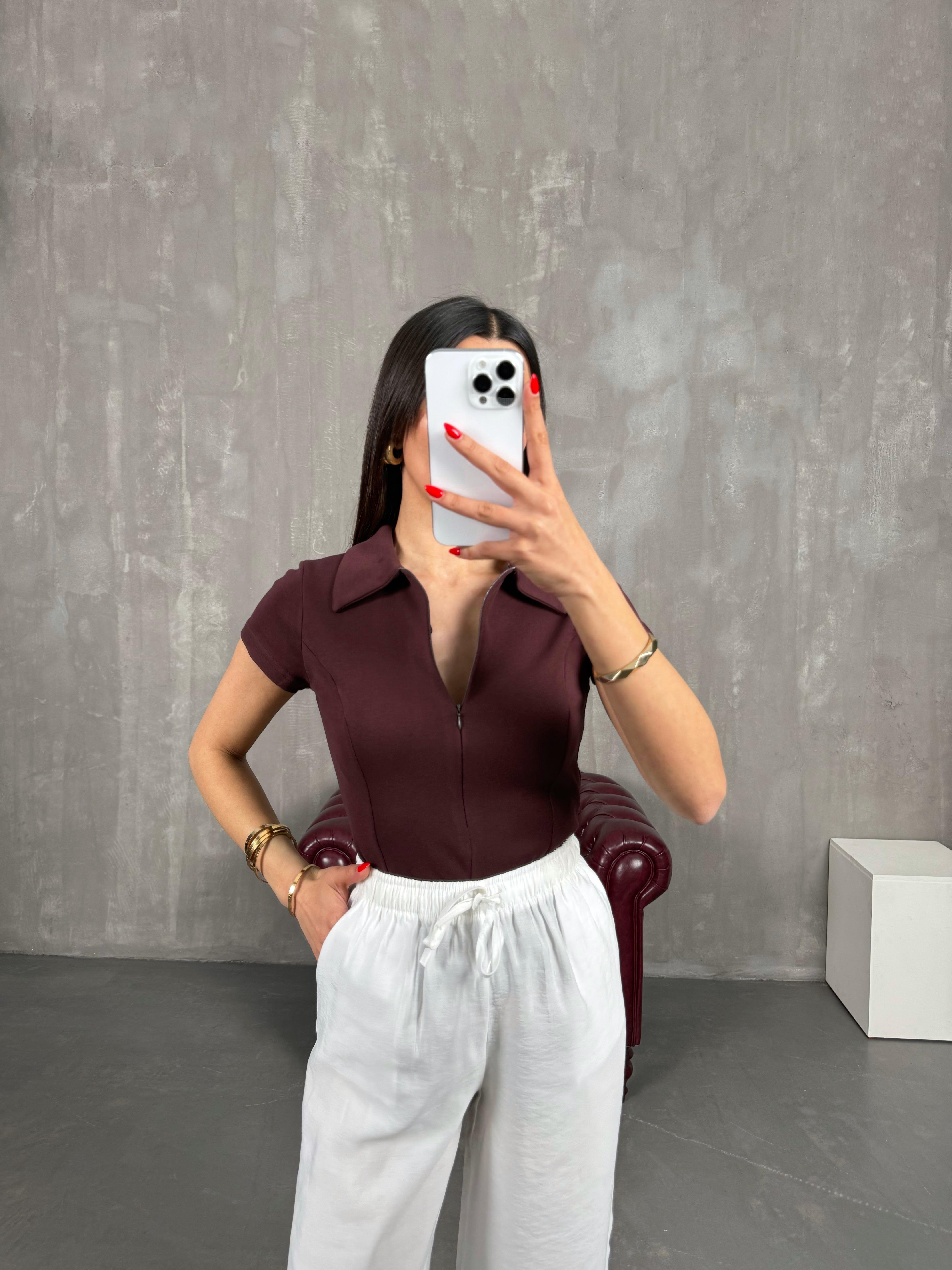 Mürdüm Polo Yaka Ön Fermuarlı Tshirt Gaus00191GausTSHIRTGU1001447