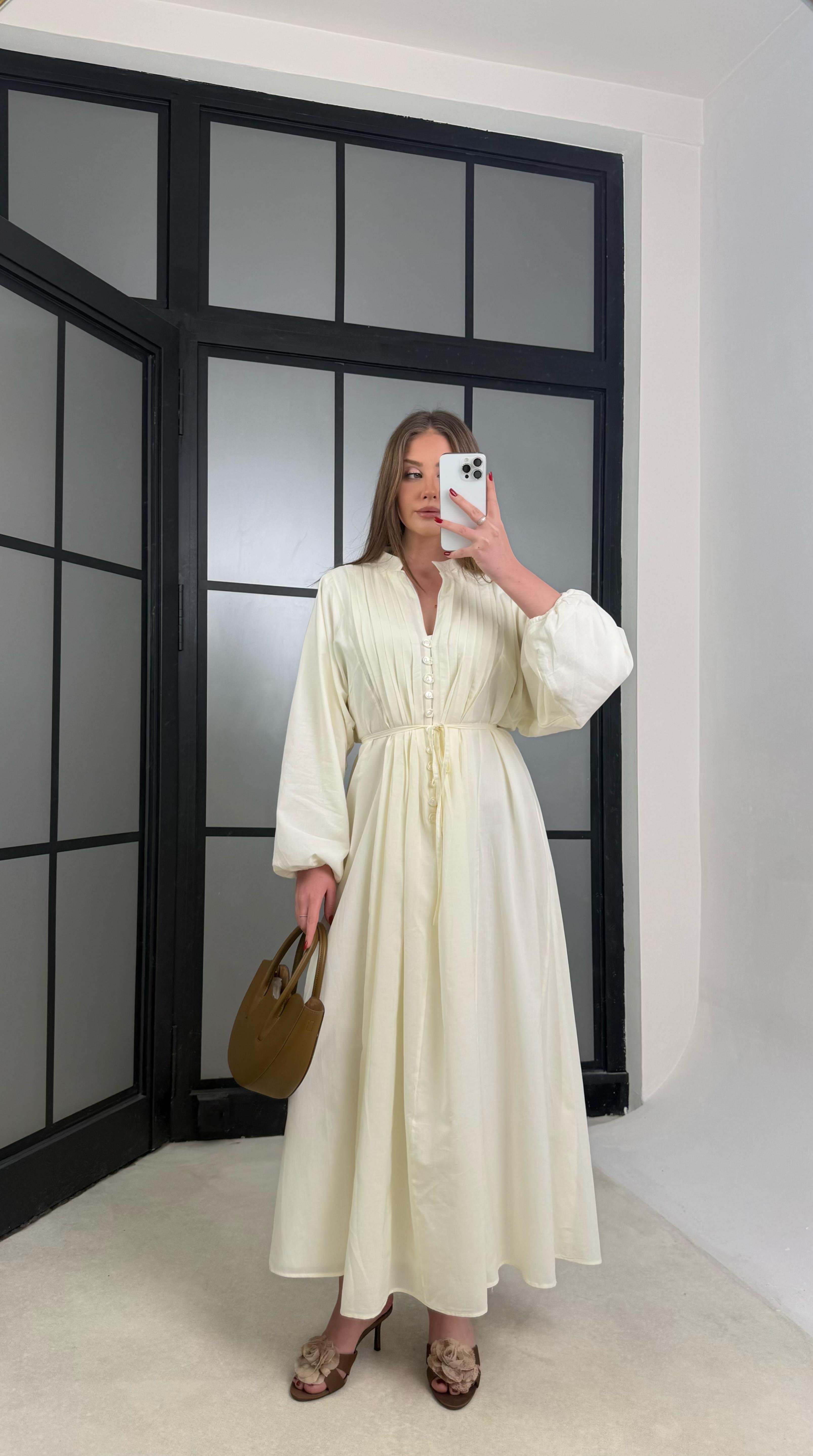 Soft Sarı Düğme Detaylı Kuşaklı Vual Kumaş Elbise GAUS-01263GAUSELBİSEGAUS-01263