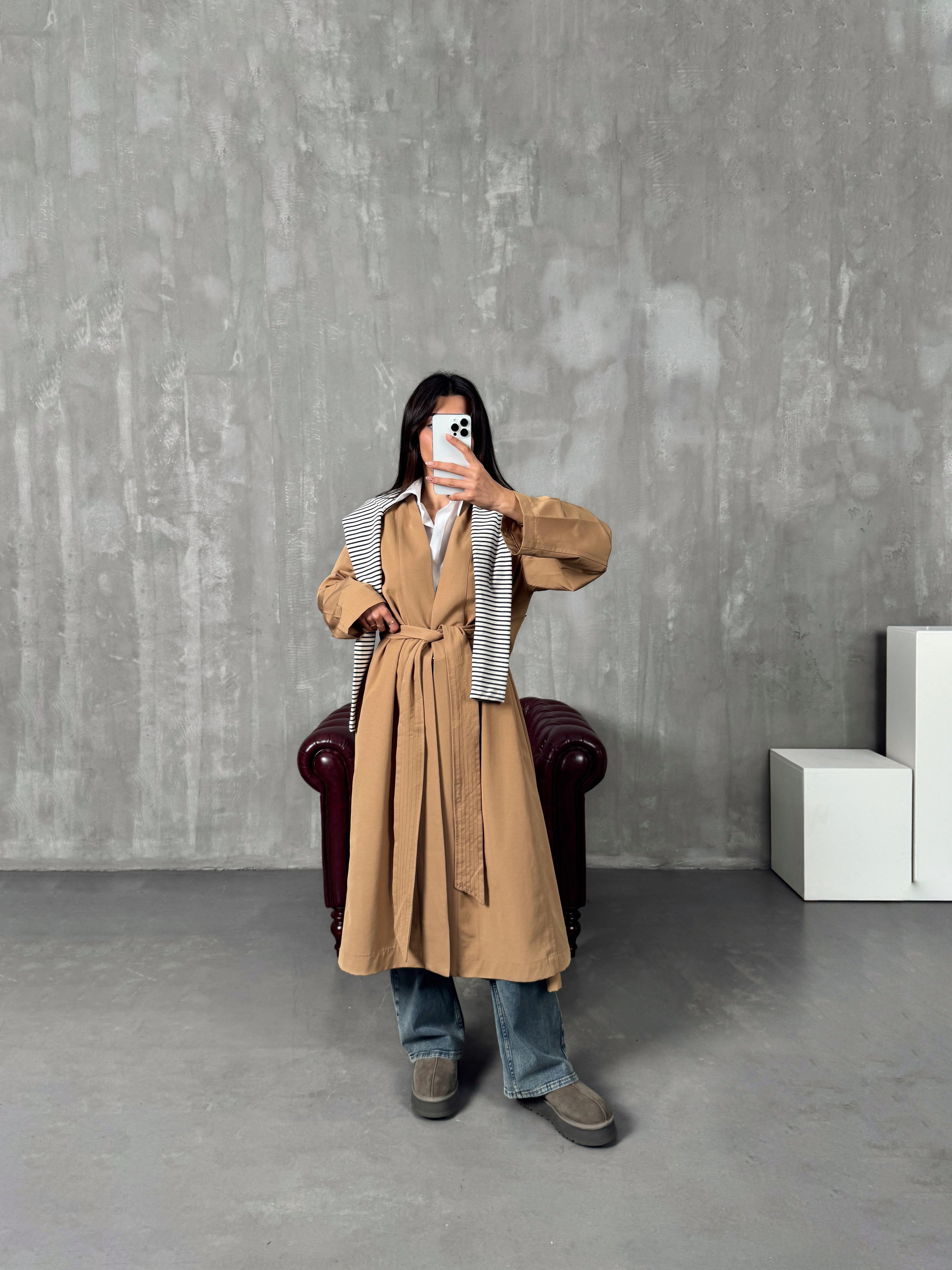 Sindy ZR Camel Muadil Premium Astarsız Kuşaklı Trençkot