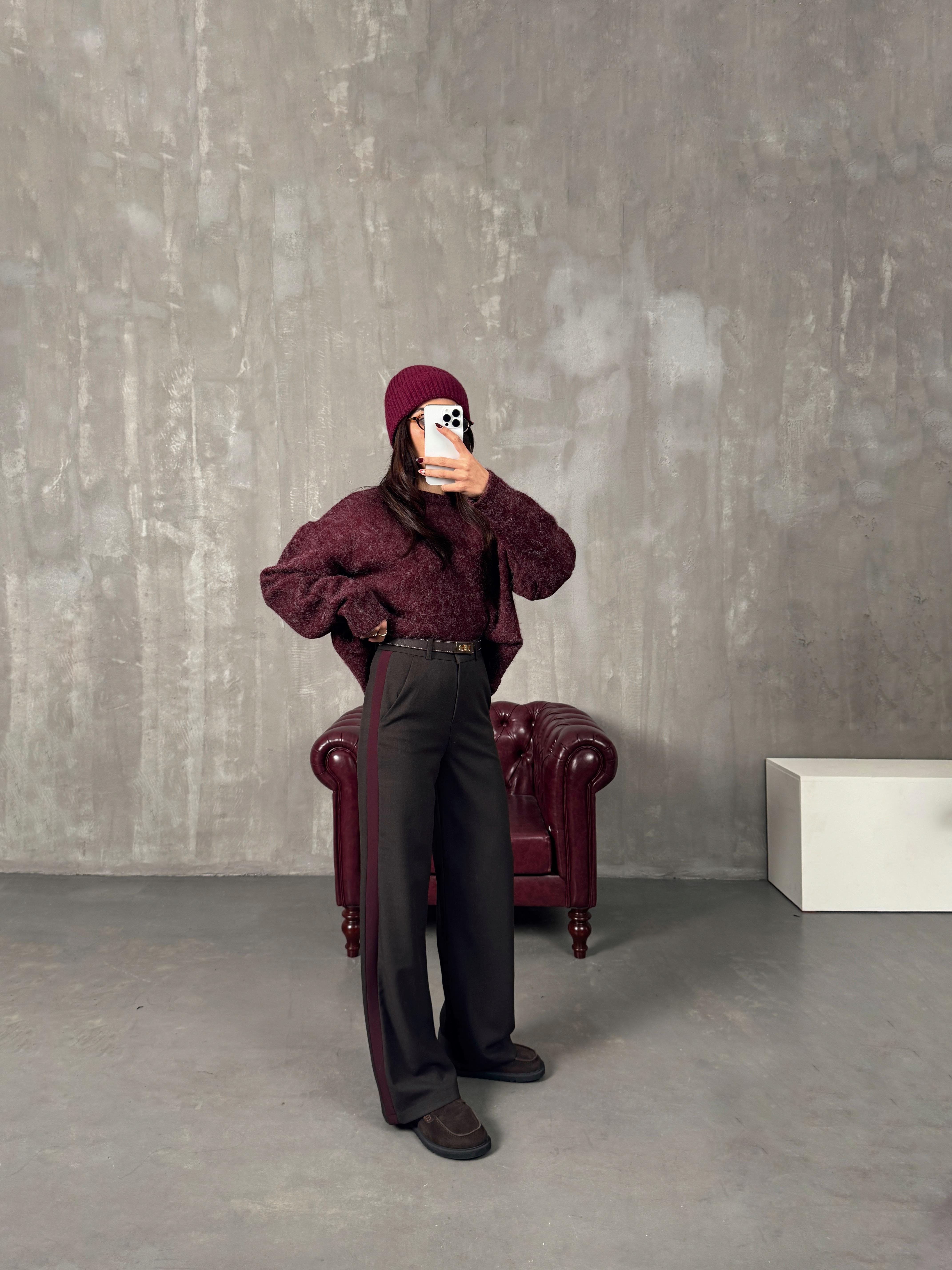 Rodni Kahve Bordo Şeritli Yünlü Poliviskon Tasarım PantolonGausPANTOLONGU00904405