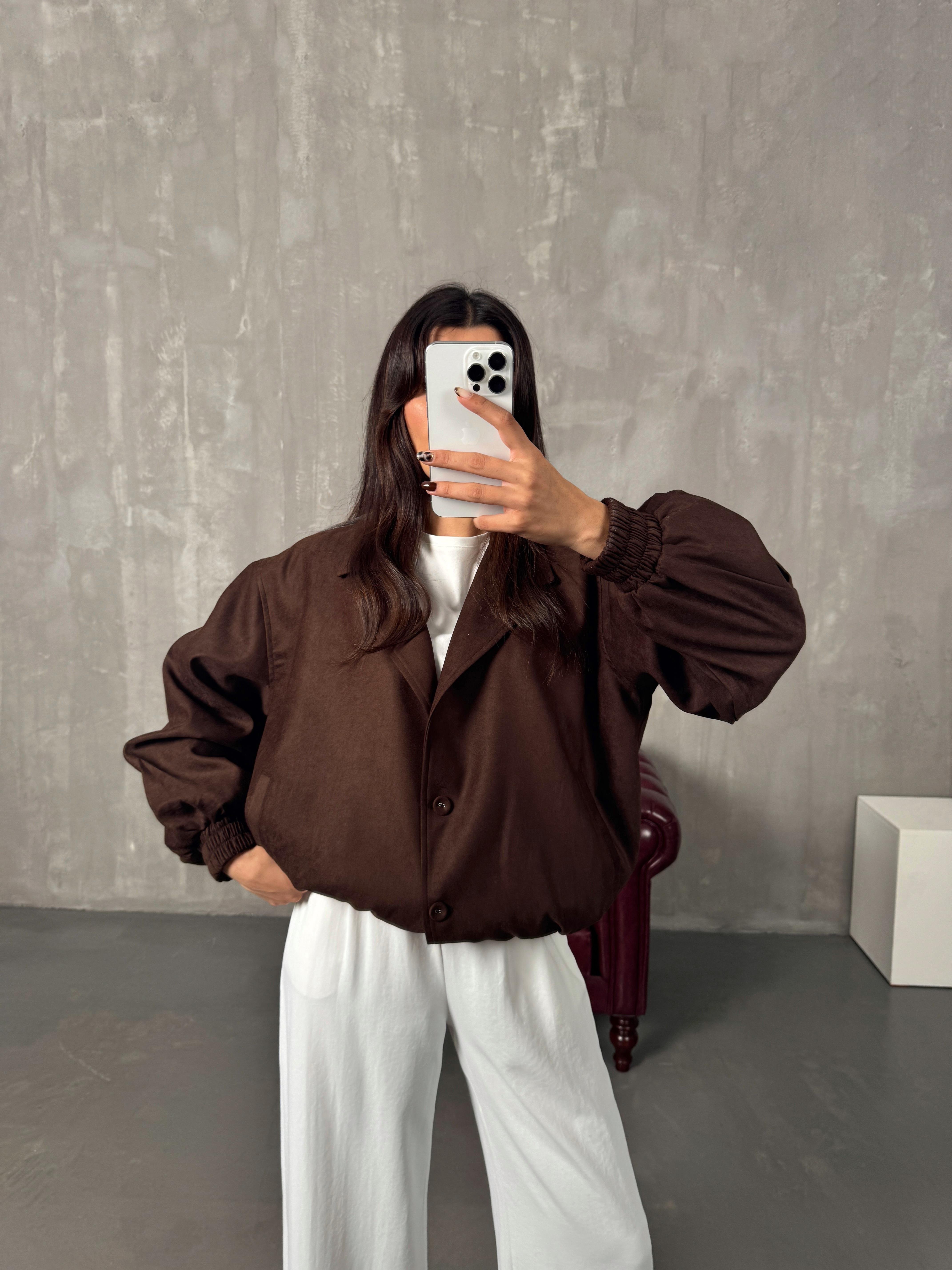 Sely Acı Kahve Astarlı Düğmeli Süet Bomber Ceket