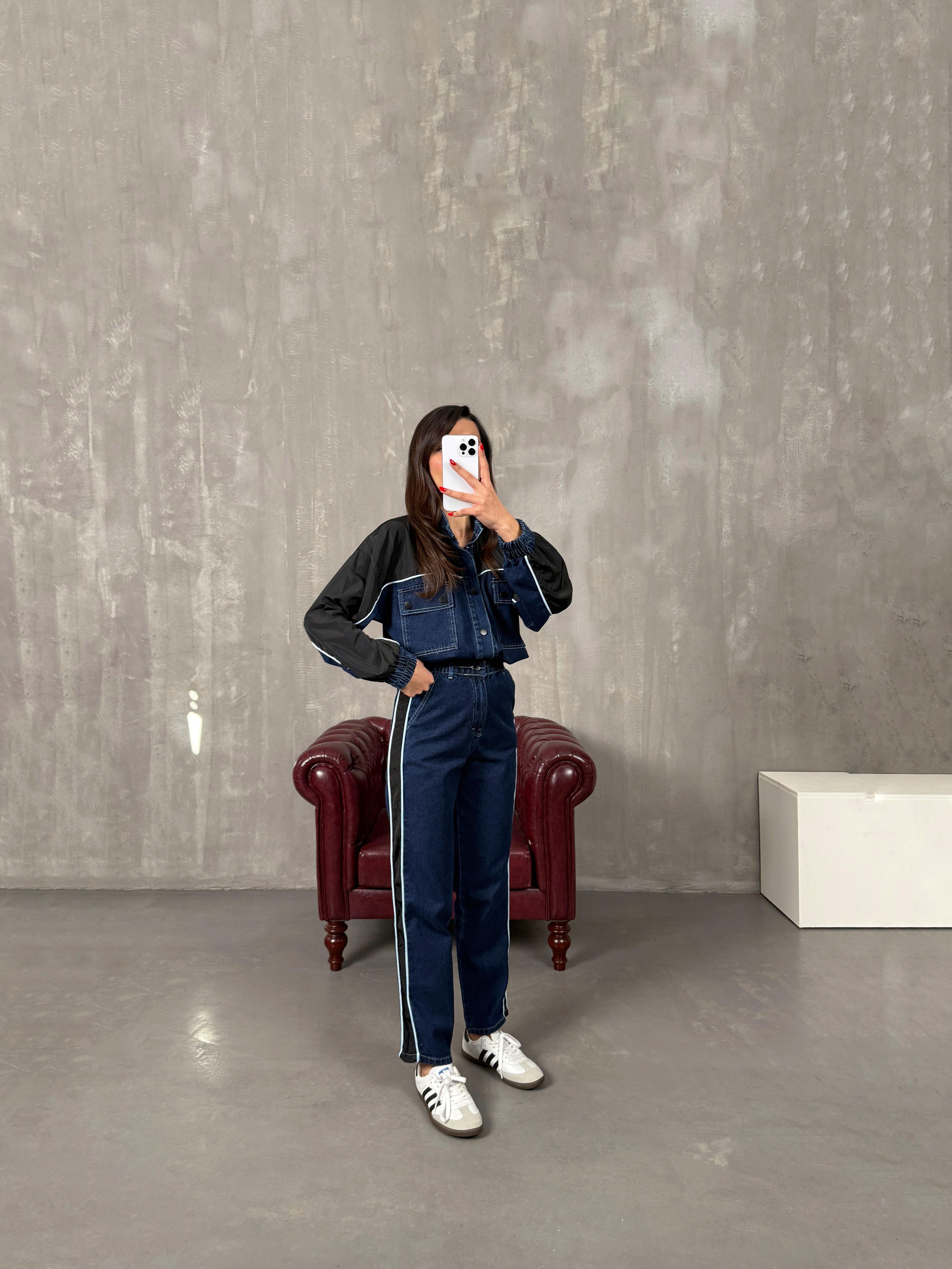 Lotus Koyu Mavi Beli Lastikli Garnili Denim Takım