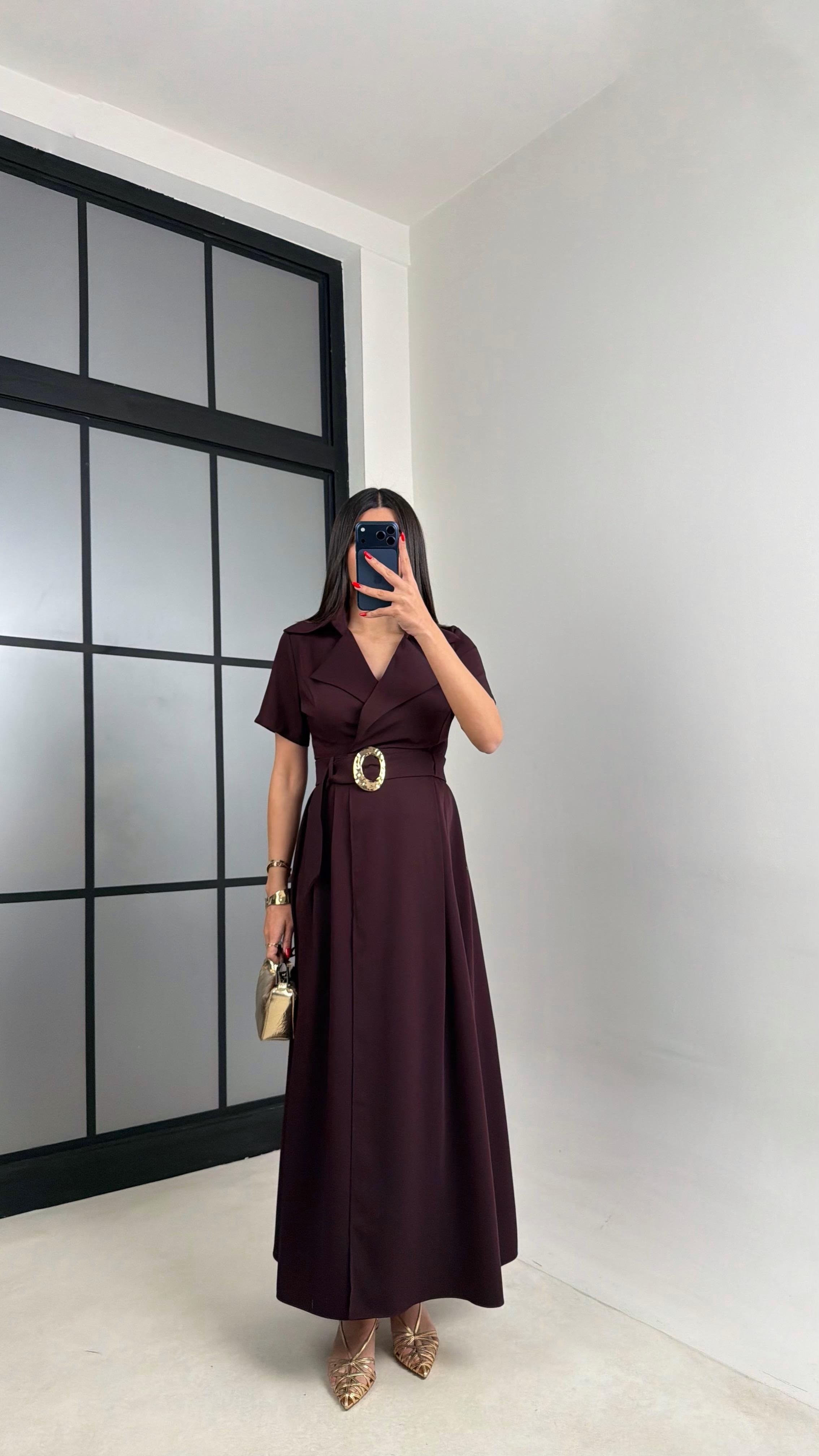 Mürdüm Gold Toka Kuşaklı Krep Kumaş Uzun Elbise GAUS-00974GAUSDressesGAUS-00974