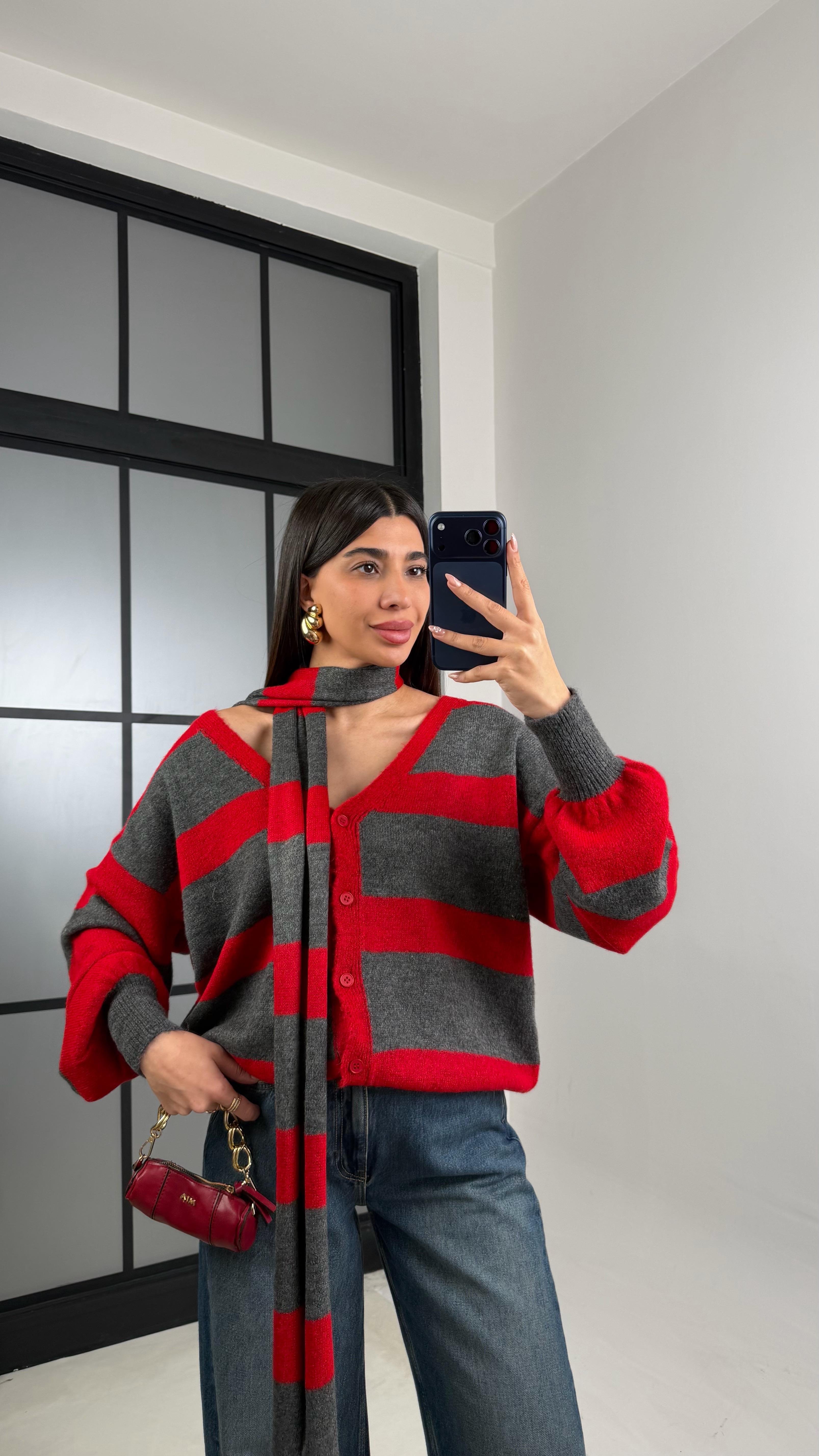 Kırmızı Şeritli Atkı Detaylı Triko Hırka GAUS-00865GAUSHIRKAGAUS-00865