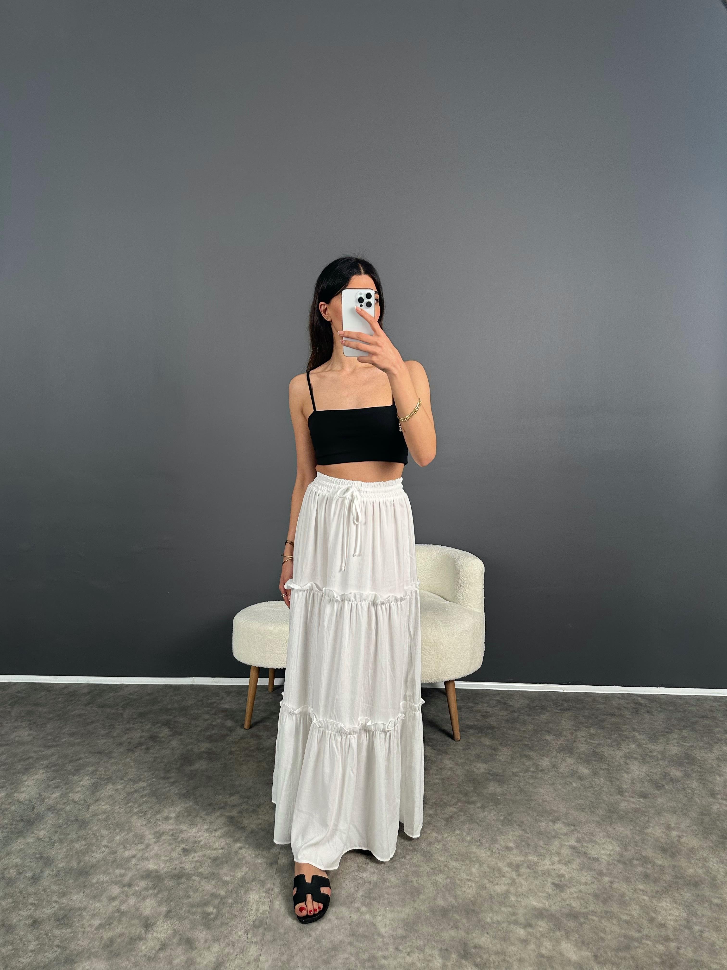 Beyaz Gipe Detaylı Uzun Etek 