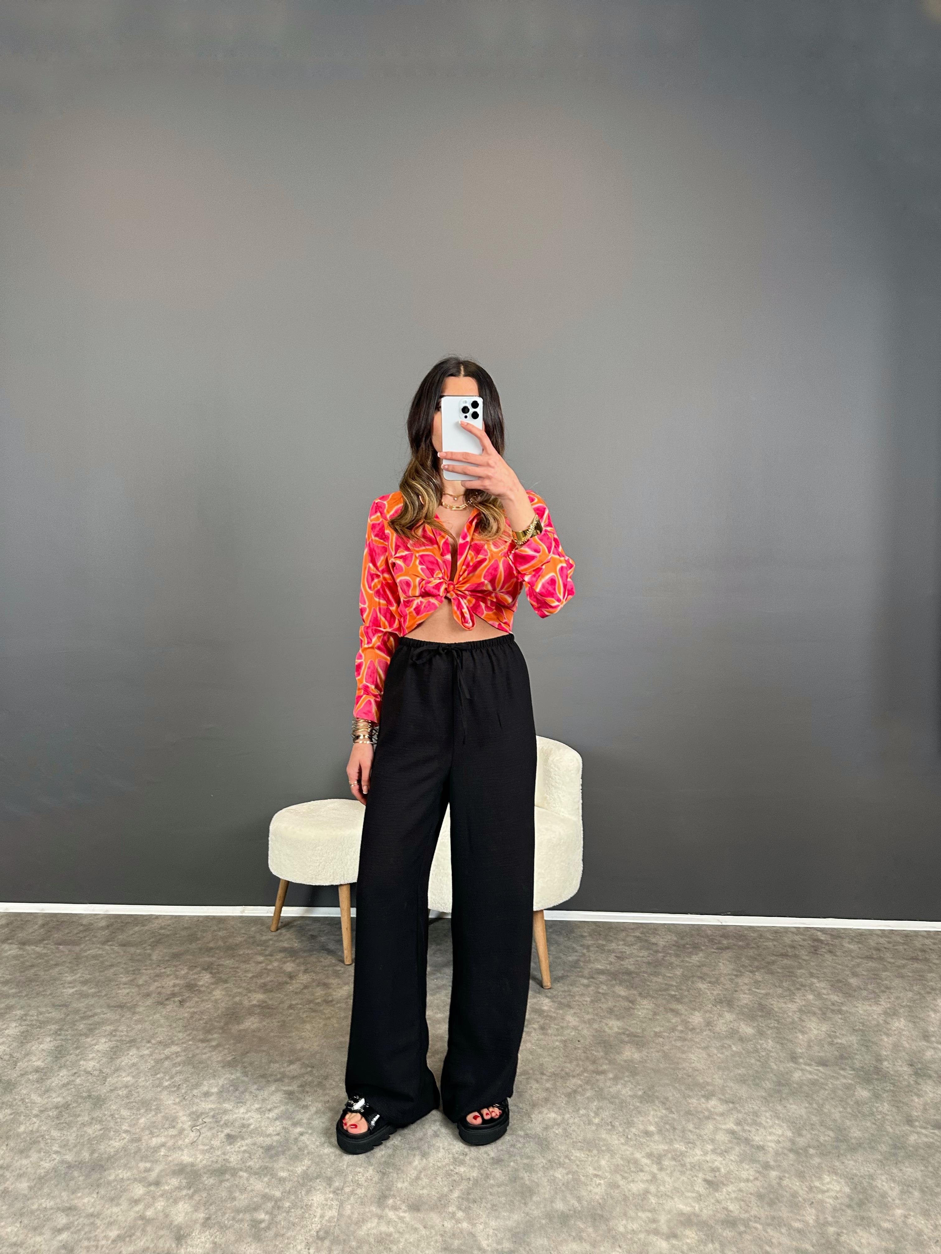 Nun Siyah Keten Beli Lastikli Pantolon