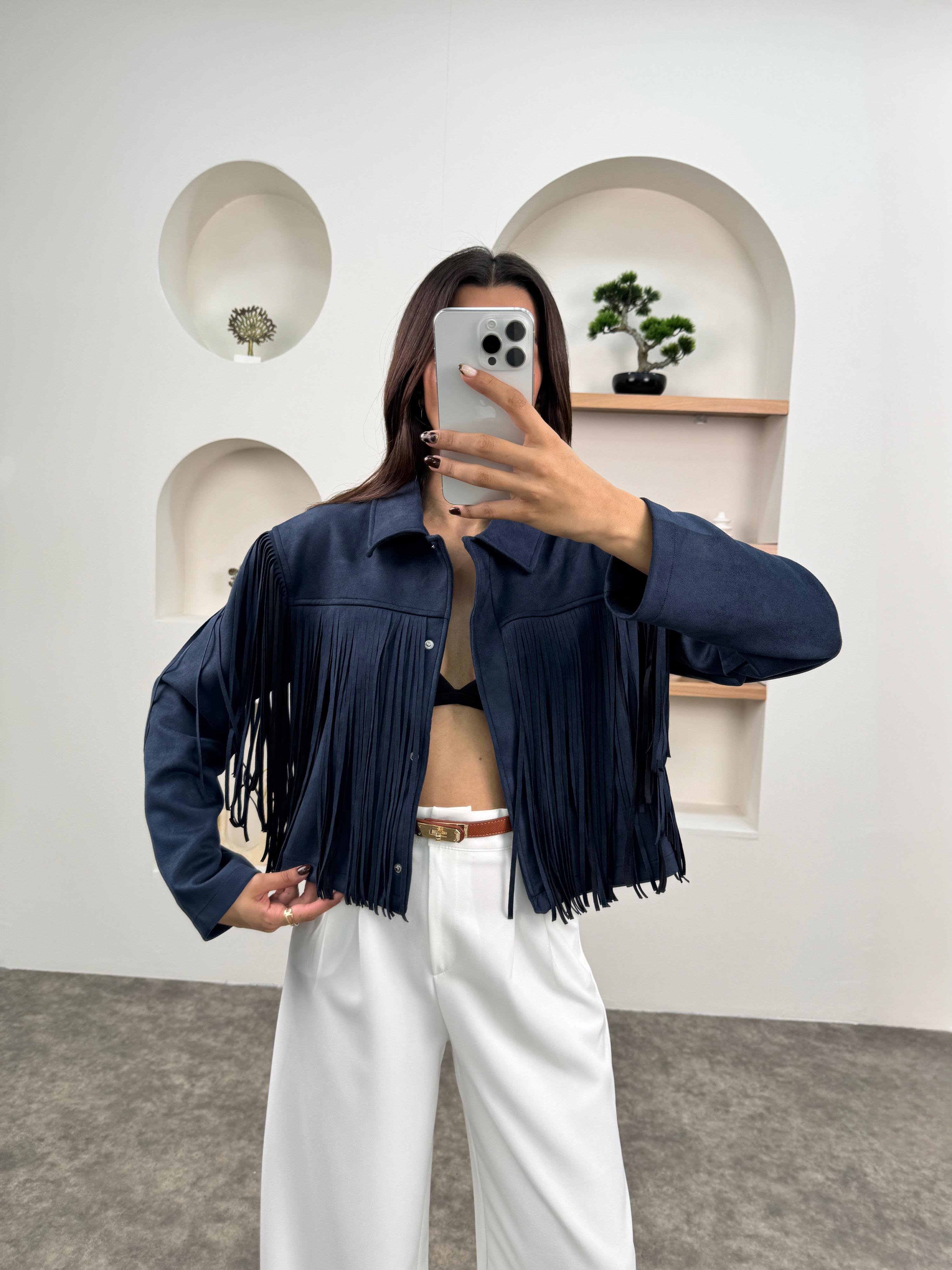 Nevil Lacivert Püsküllü Süet Ceket