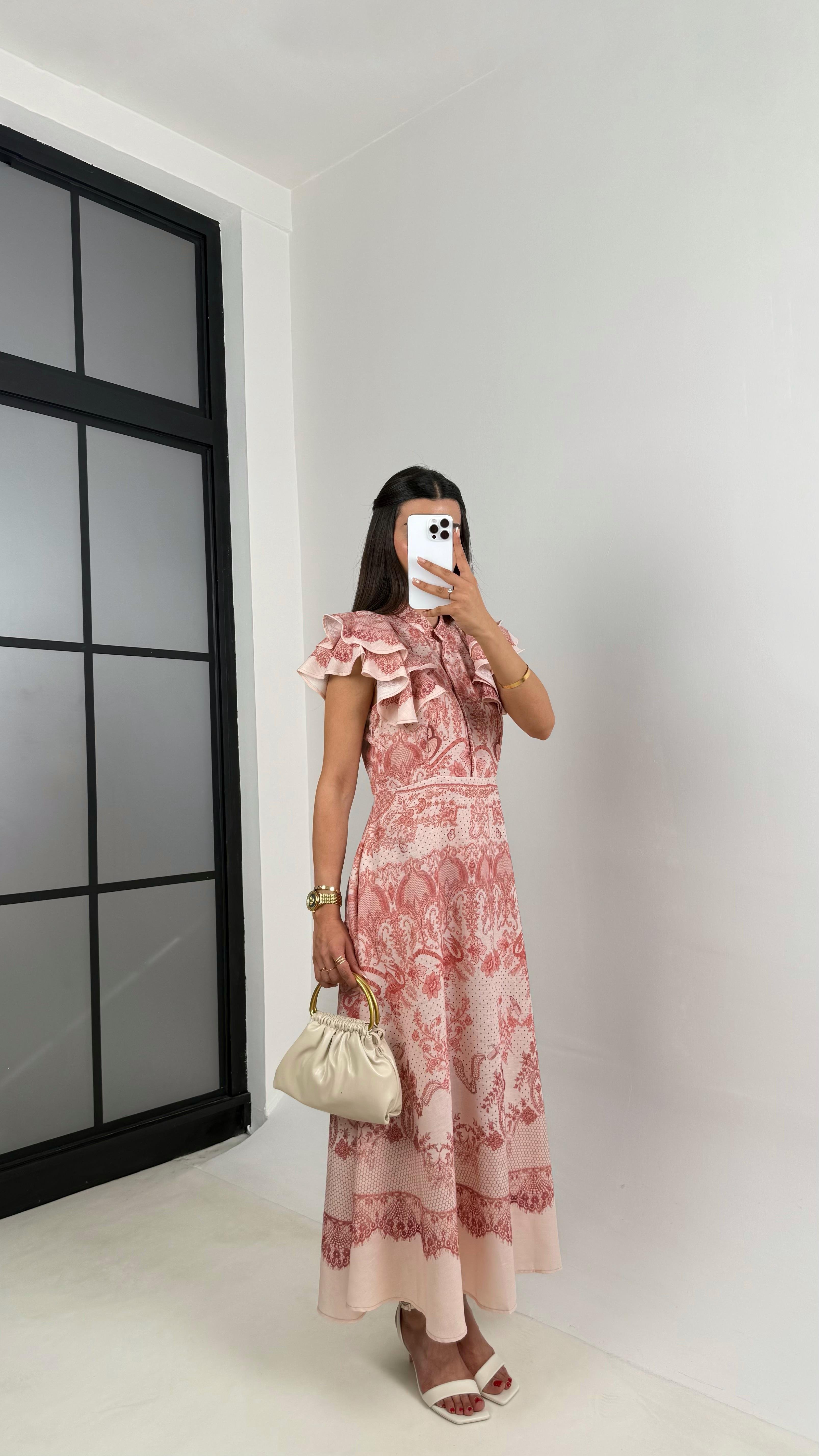 Pembe Floral Desenli Kol Fırfırlı Önü Düğmeli Keten Elbise Gaus00613GausELBİSEGU1002432