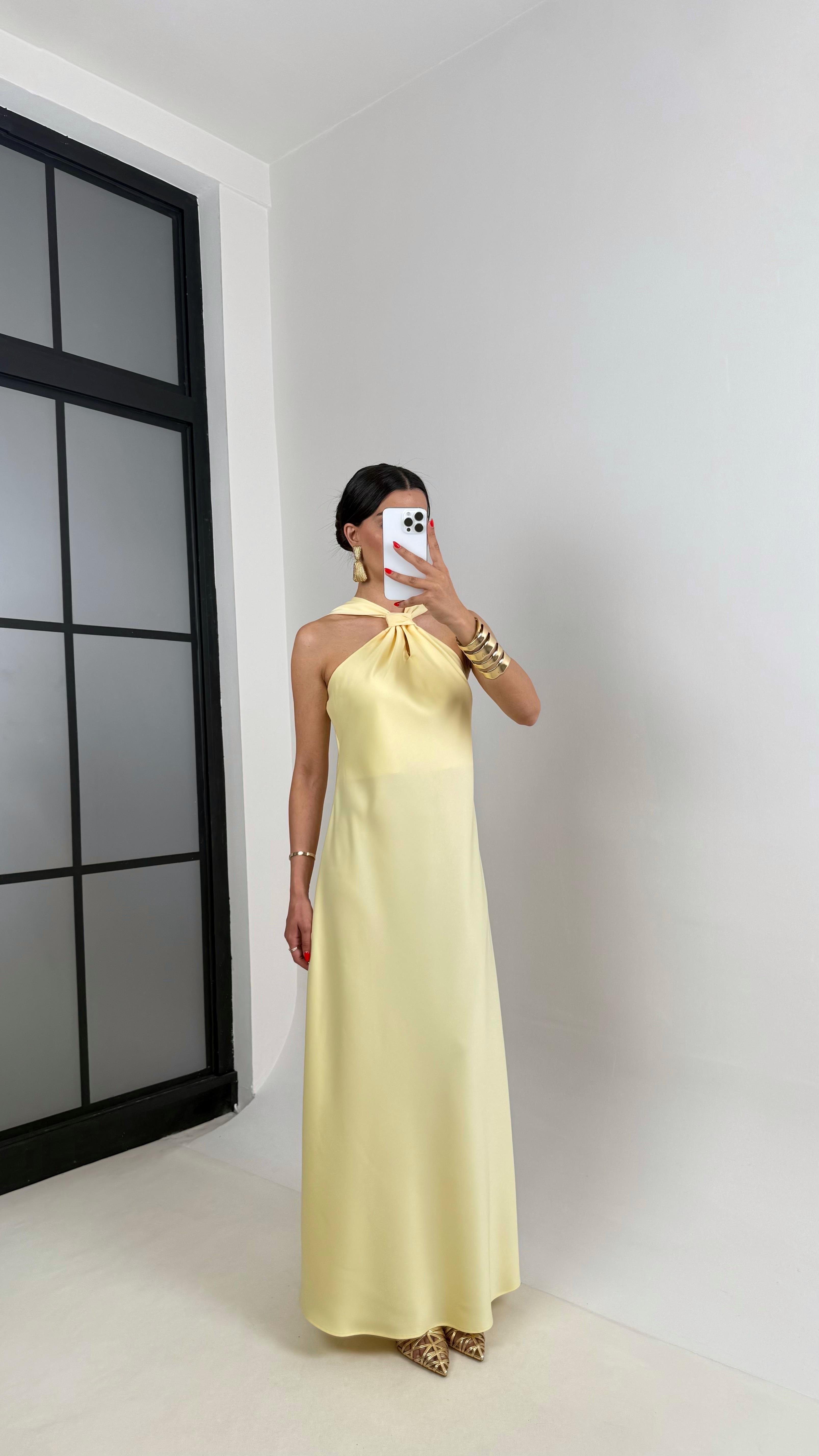 Sarı Bağlama Detaylı Saten Elbise Gaus00503GausELBİSEGU1002181