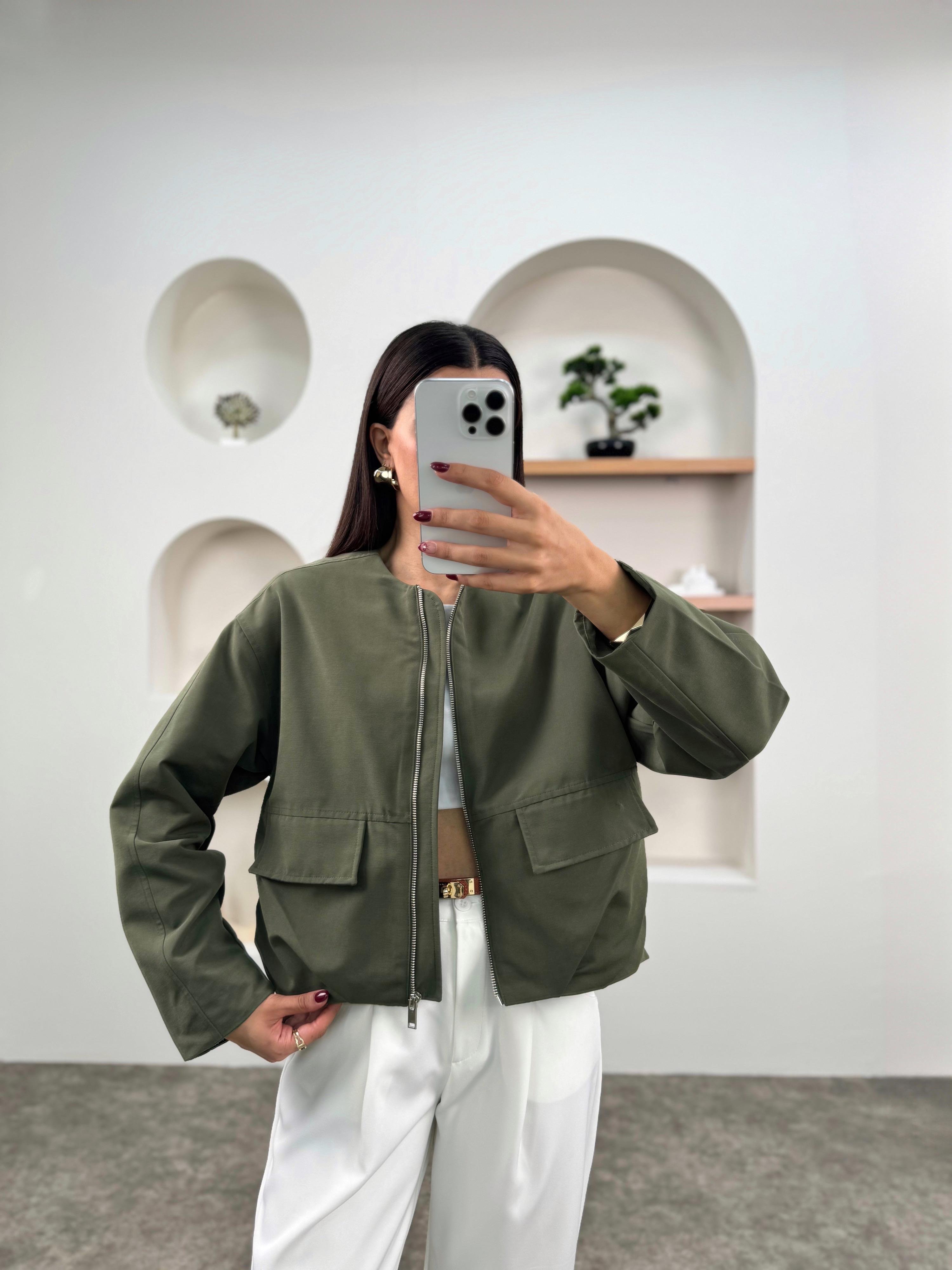 MD Haki Astarlı Fermuarlı Muadil Bomber Ceket