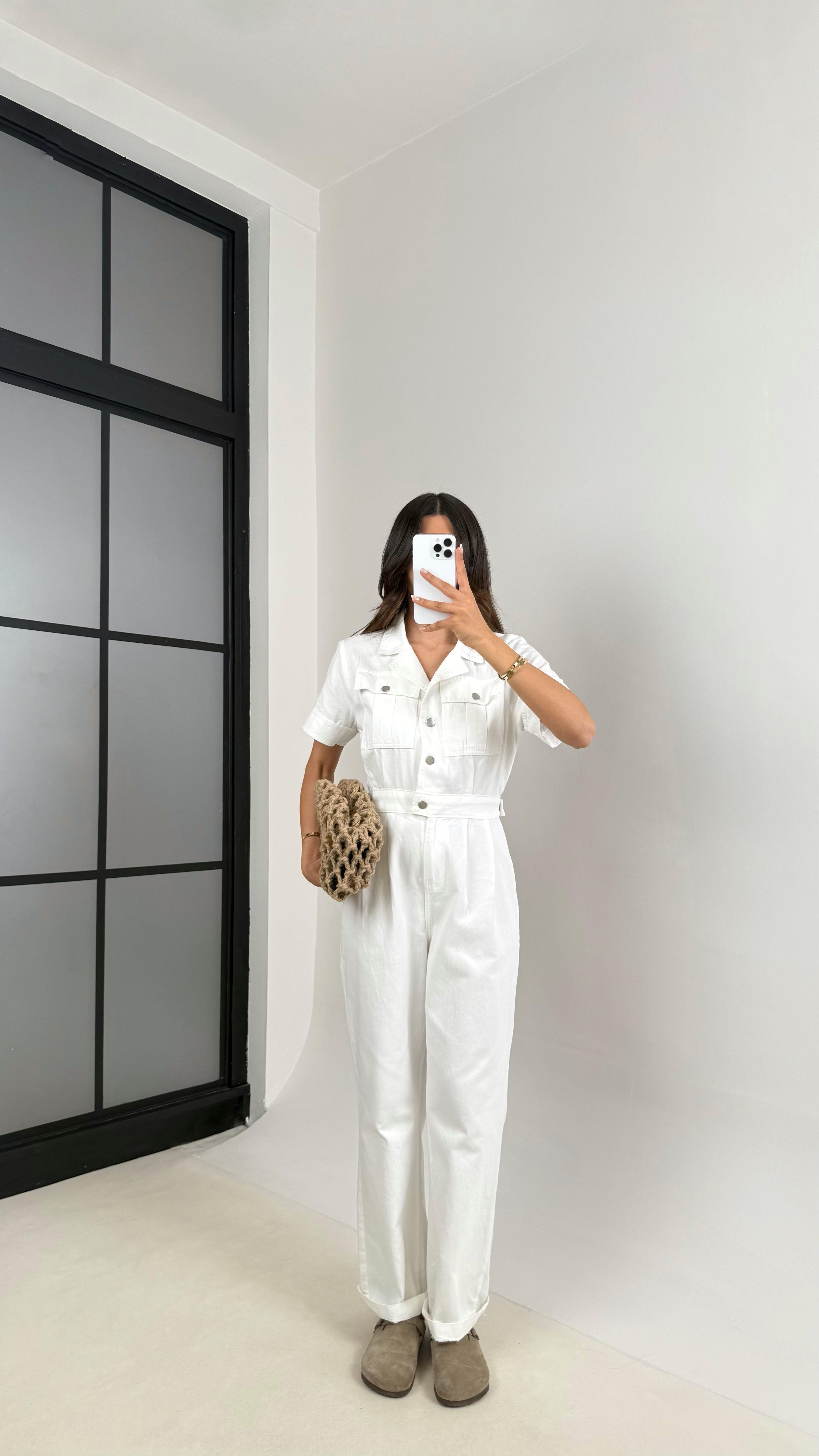 Beyaz Cep Detaylı Düğmeli Denim Tulum Gaus00529Gaus الأوفرول GU1002239