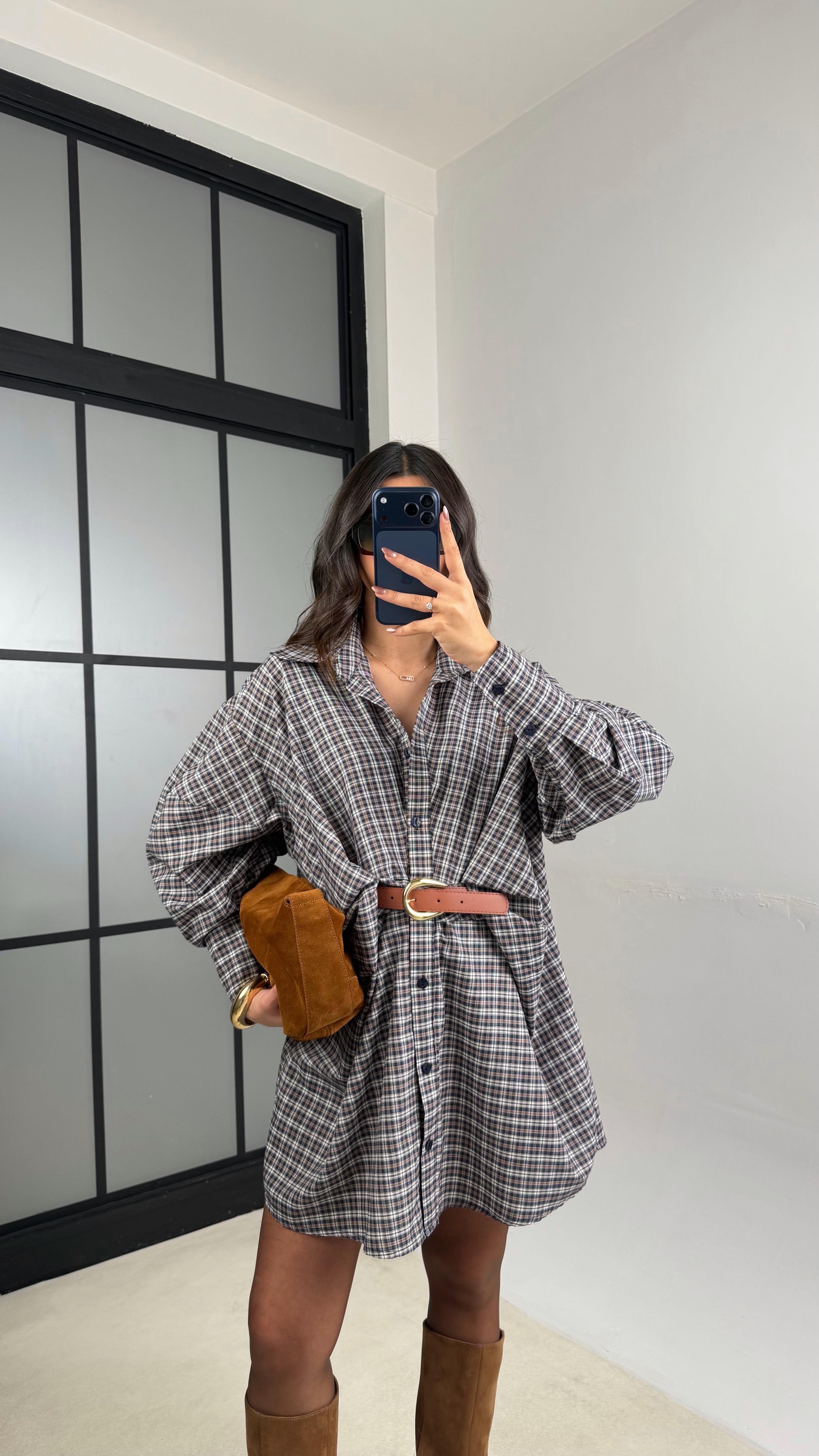 Kahve Ekose Desenli Kemerli Tasarım Elbise GAUS-01162GAUSDressesGAUS-01162