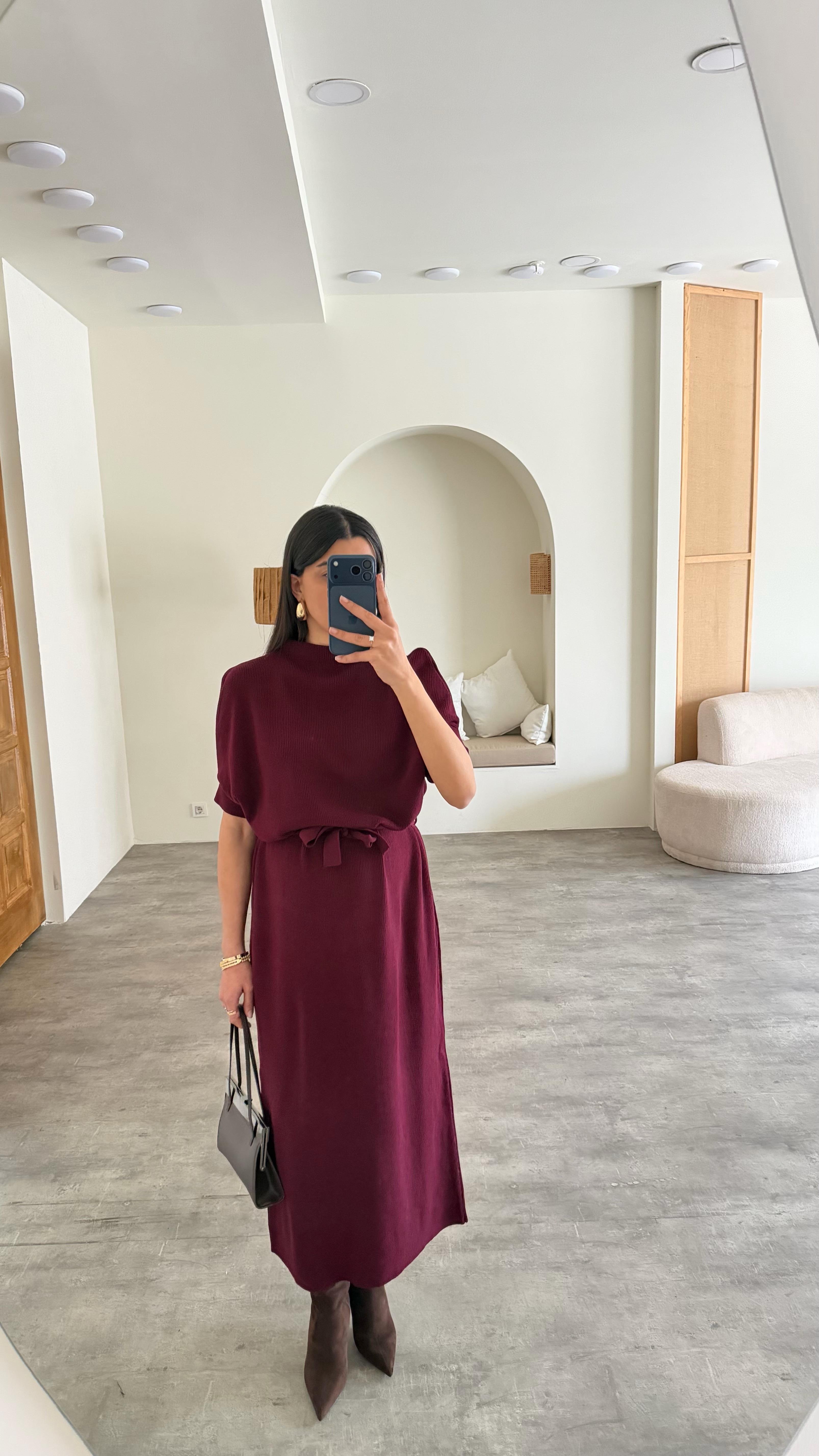 Mürdüm Kuşaklı Triko Midi Elbise GAUS-01169GAUSELBİSEGAUS-01169