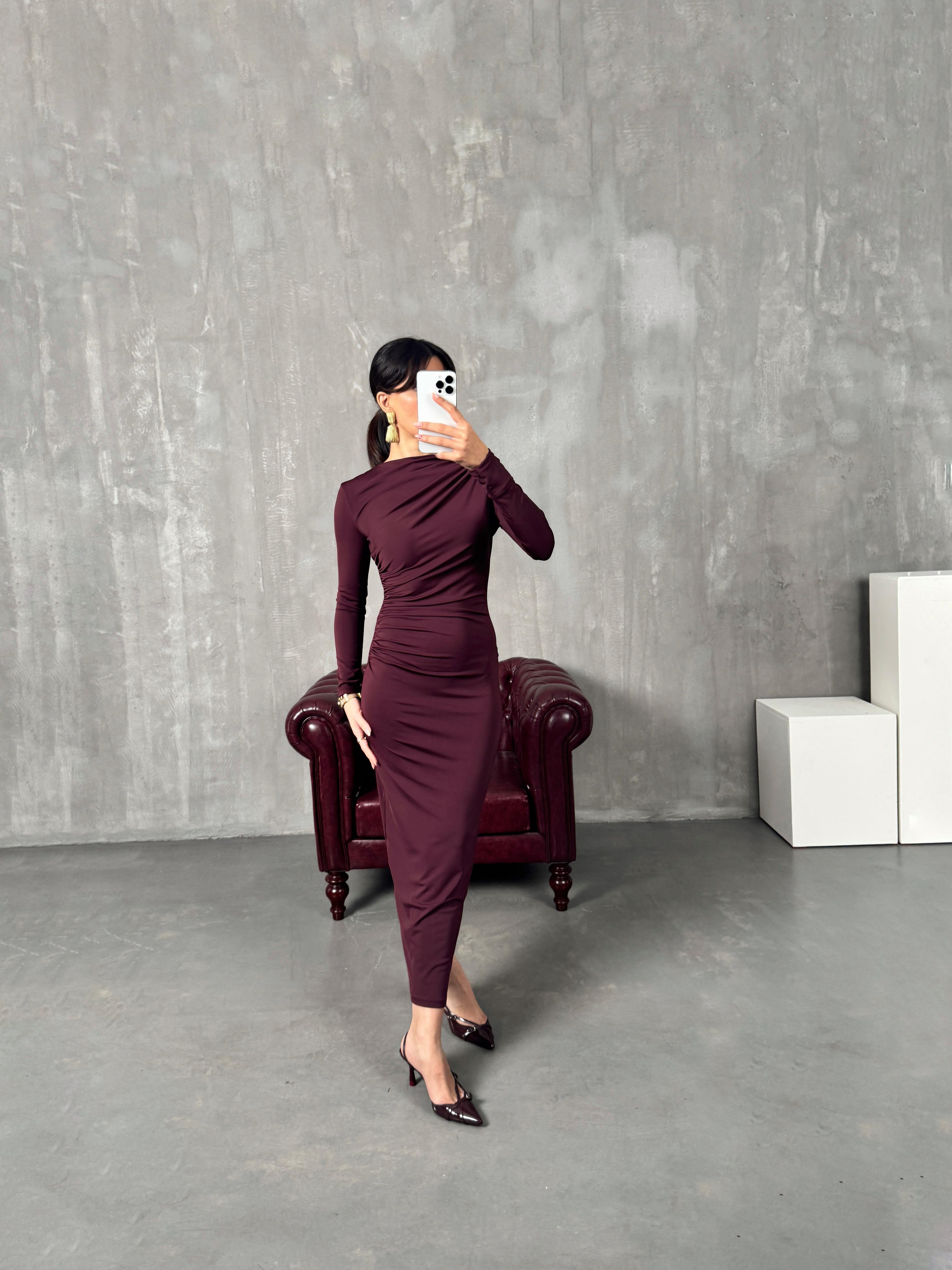 Lusi Bordo Drapeli Tasarım ElbiseGausELBİSEGU00904112