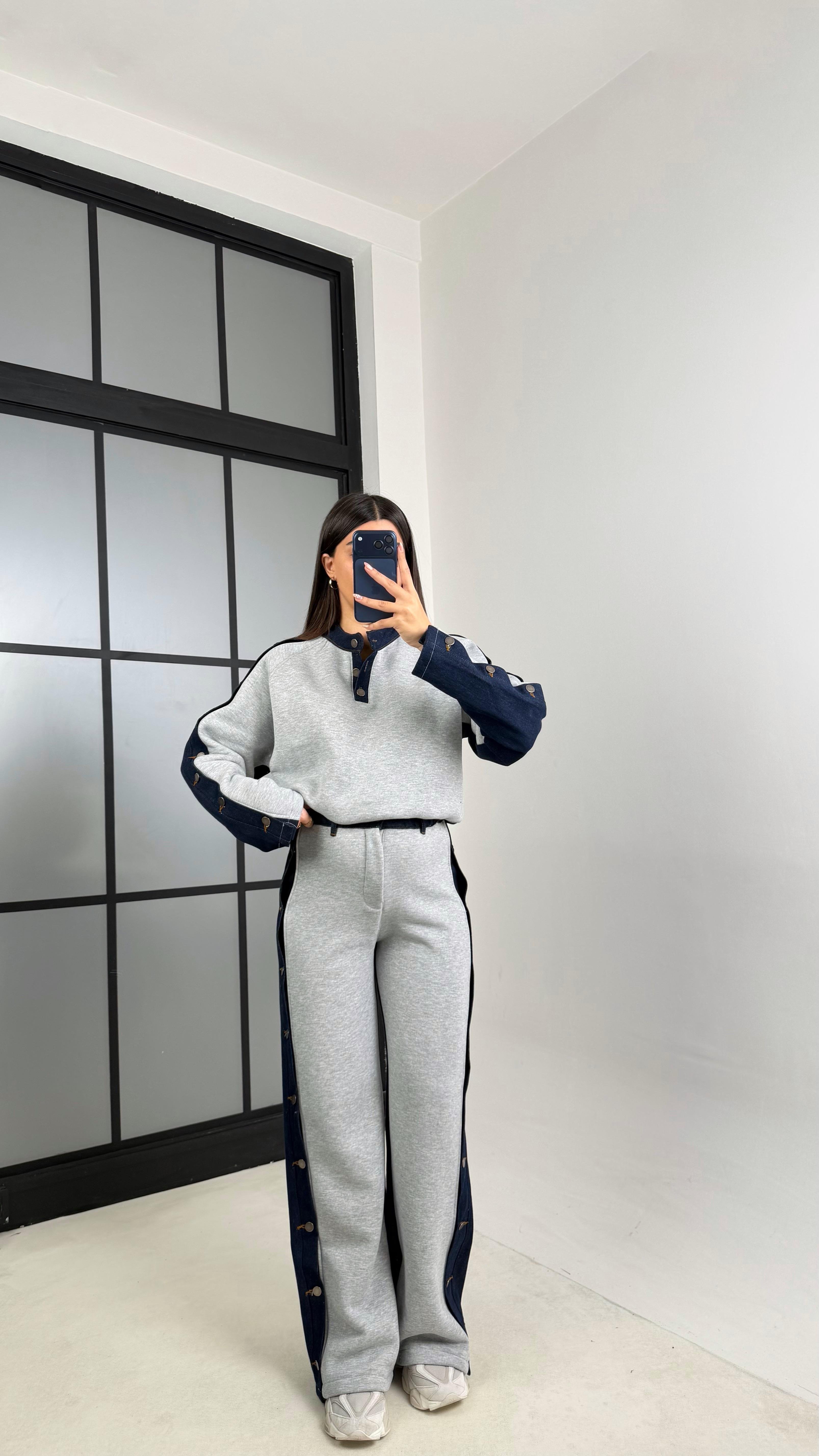 Gri Denim Detaylı Şardonlu Sweatshirt Eşofman Takım GAUS-00839GAUSTAKIMGAUS-00839