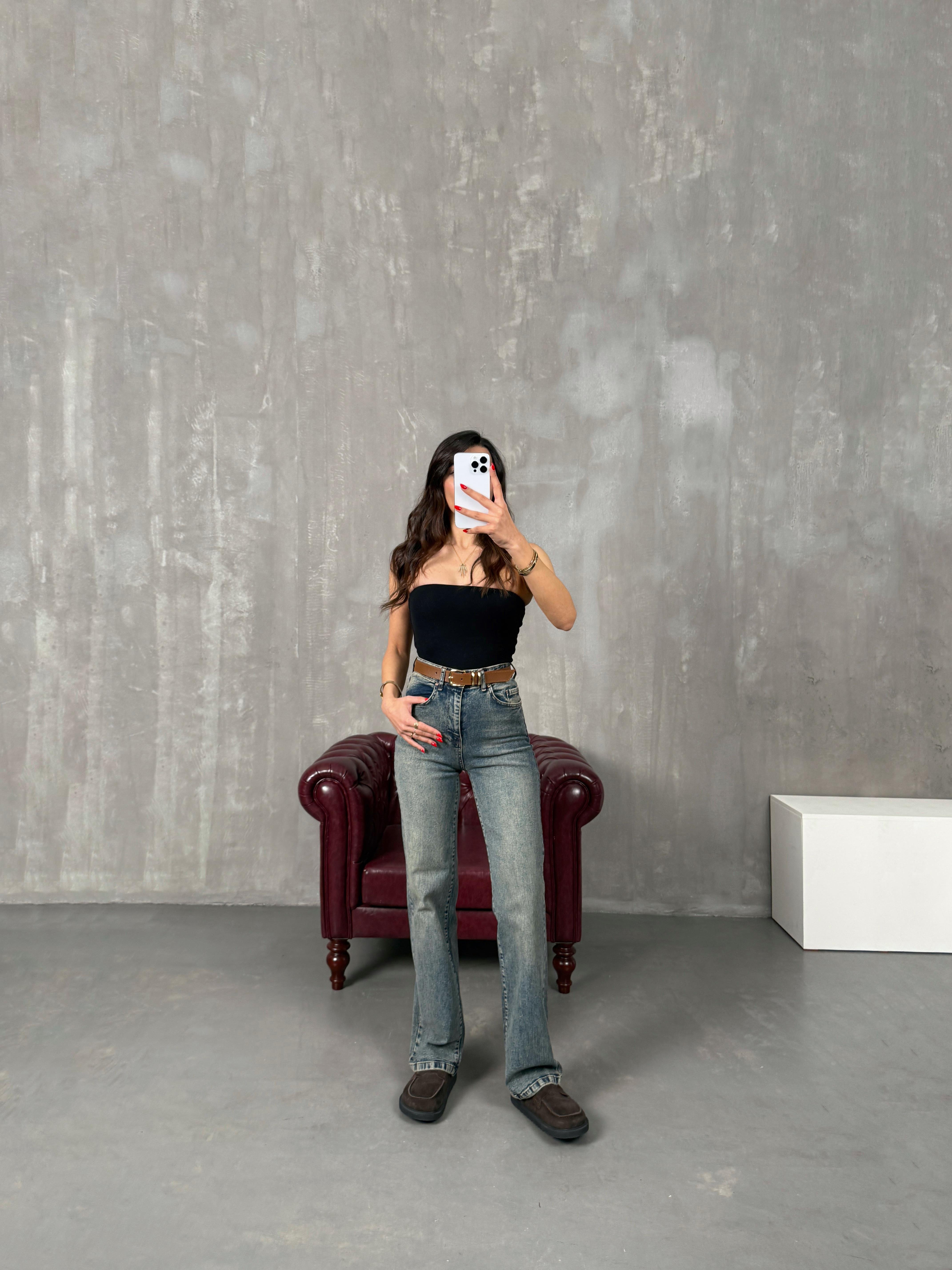 Fedi Mavi Eskitme Kahve Kemerli Yüksek Bel Wide Leg Jean