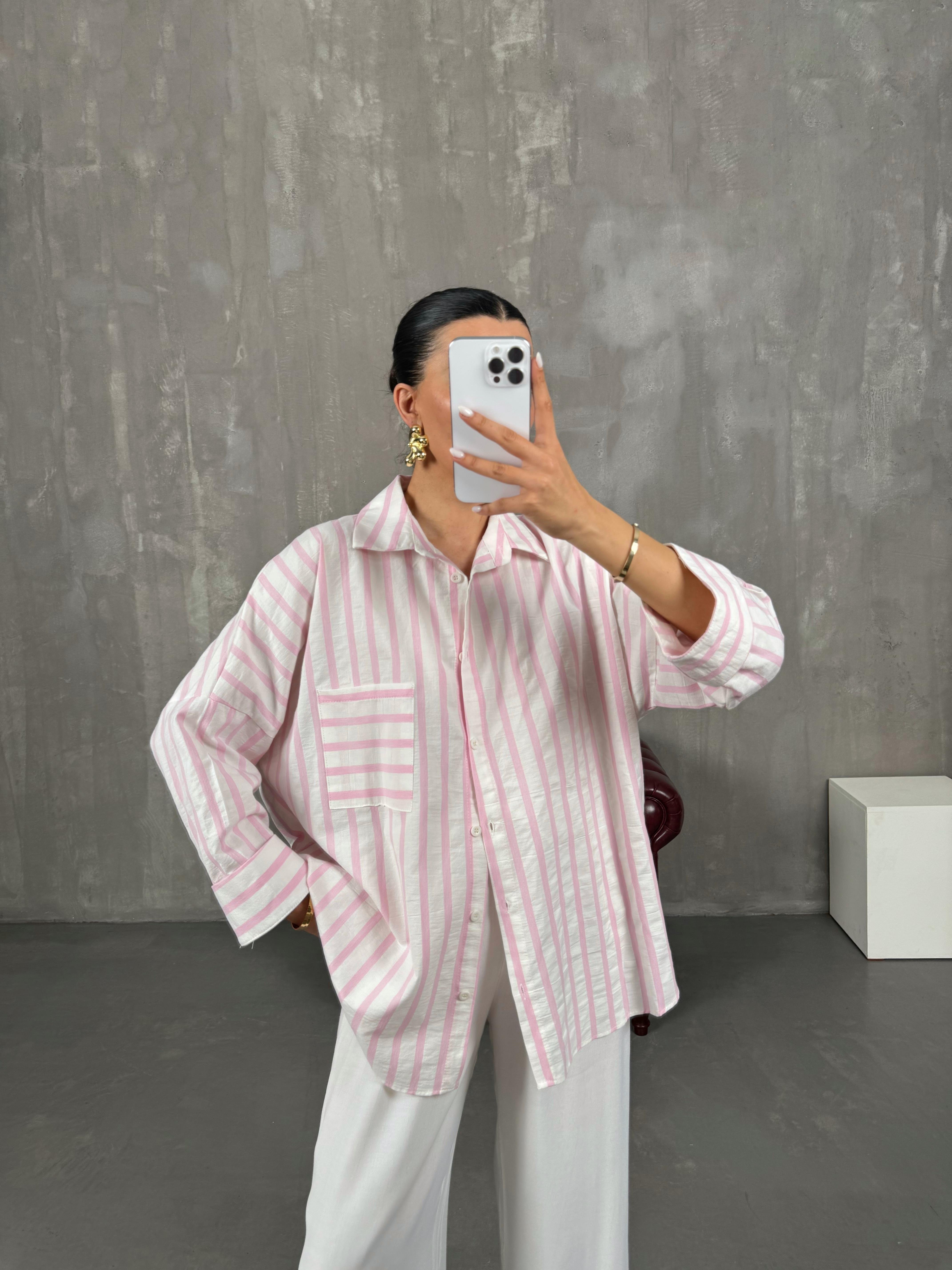 Pembe Çizgili Oversize Keten Gömlek Gaus00017GausGÖMLEKGU1001021