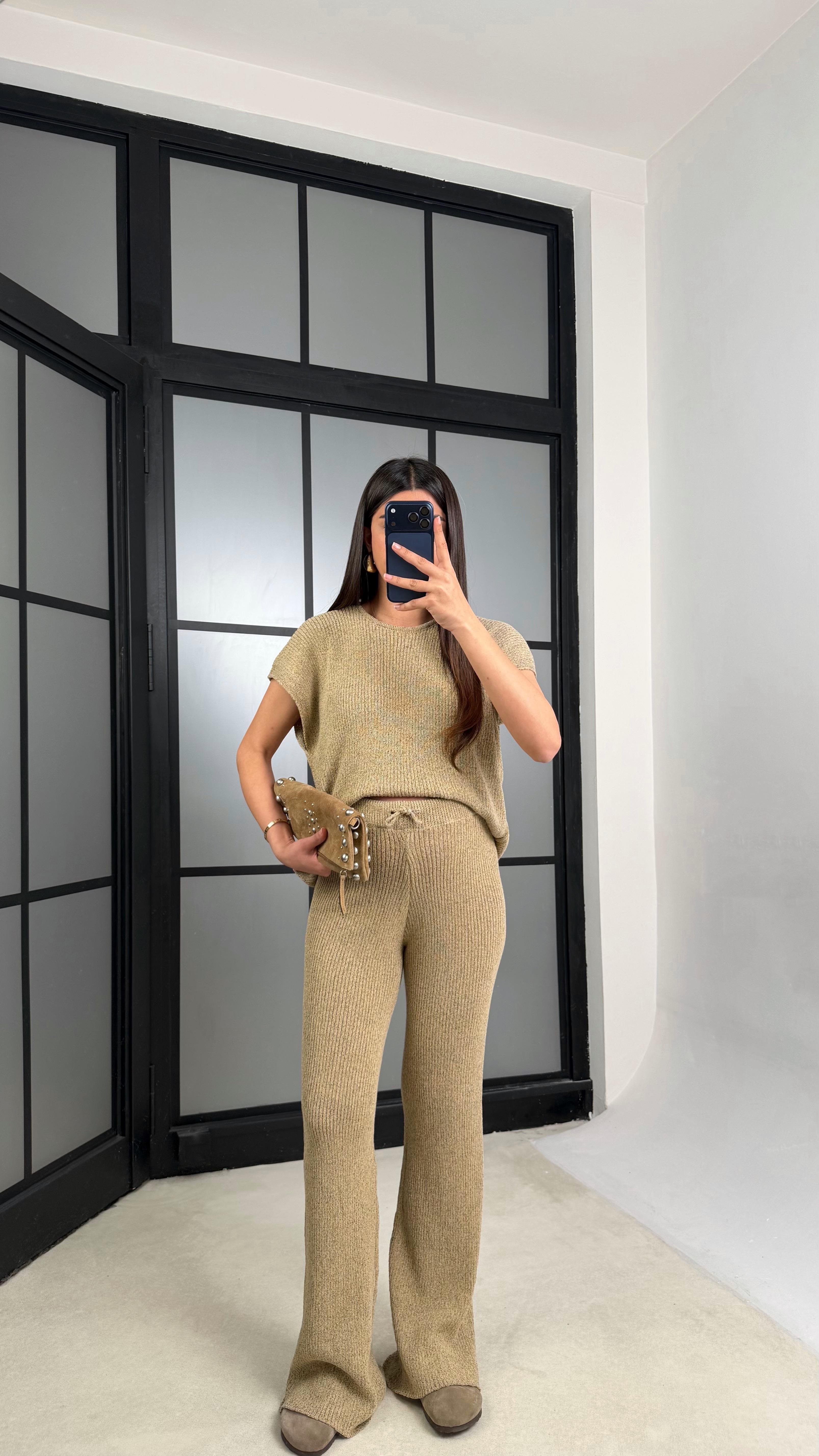 Vizon Sıfır Kol Tshirt Beli Lastikli Pantolon Triko Takım GAUS-01238GAUSTAKIMGAUS-01238