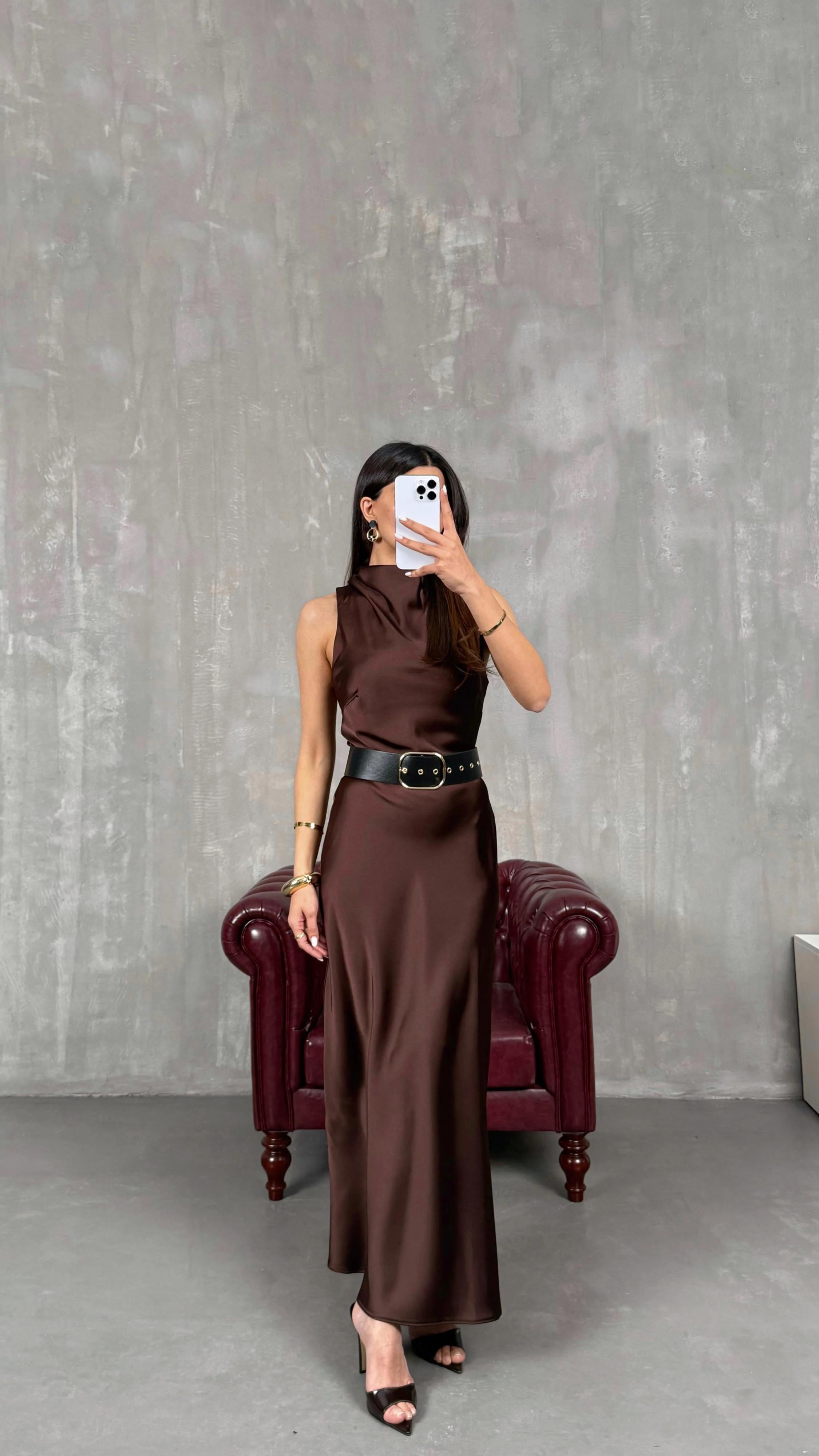 Kahve ZR Model Kemerli Saten Elbise GAUS-01259GAUSELBİSEGAUS-01259