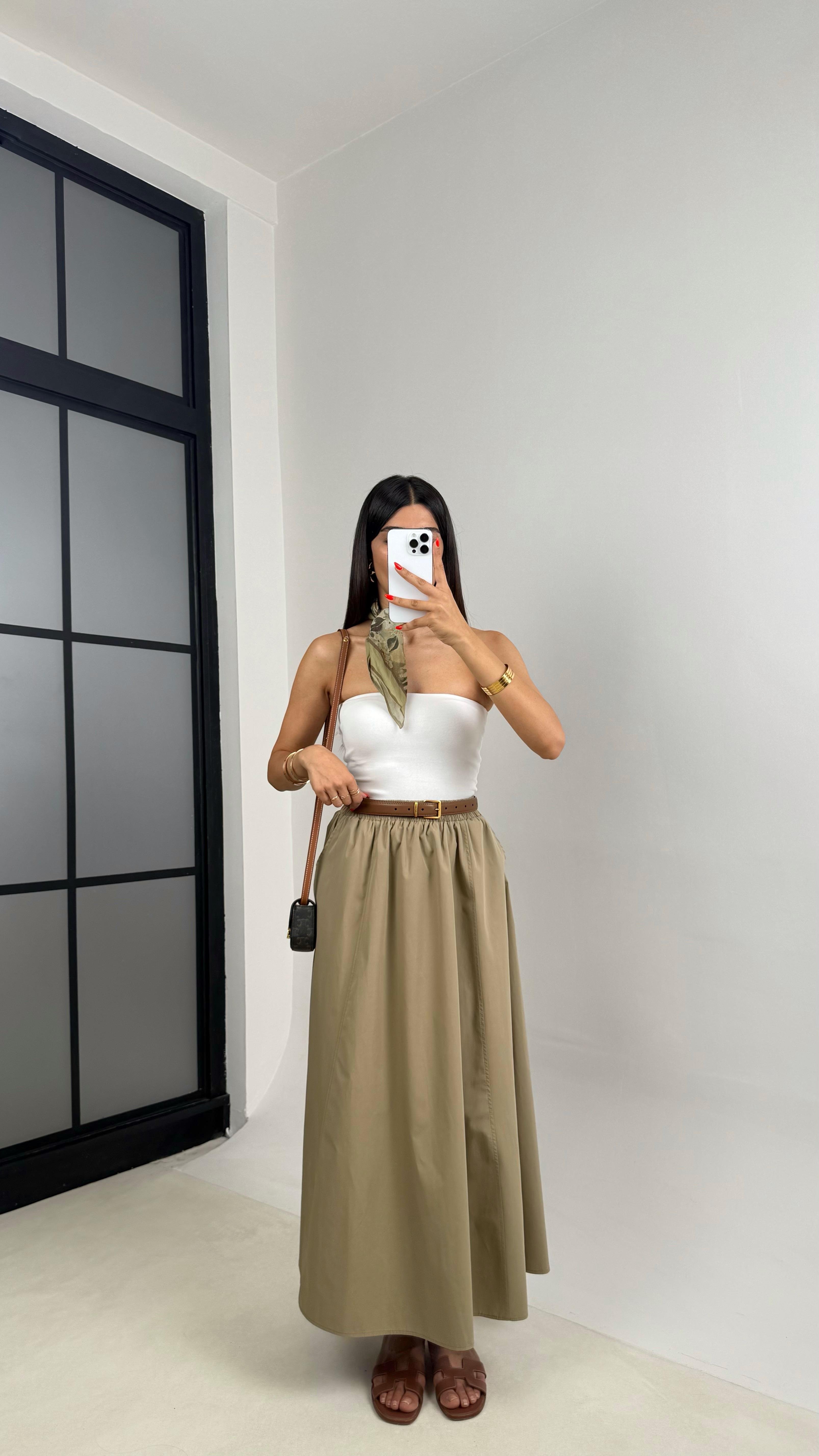 Yeşil Beli Lastikli Cepli Poplin Etek GAUS-0041GAUSETEKGAUS-0041
