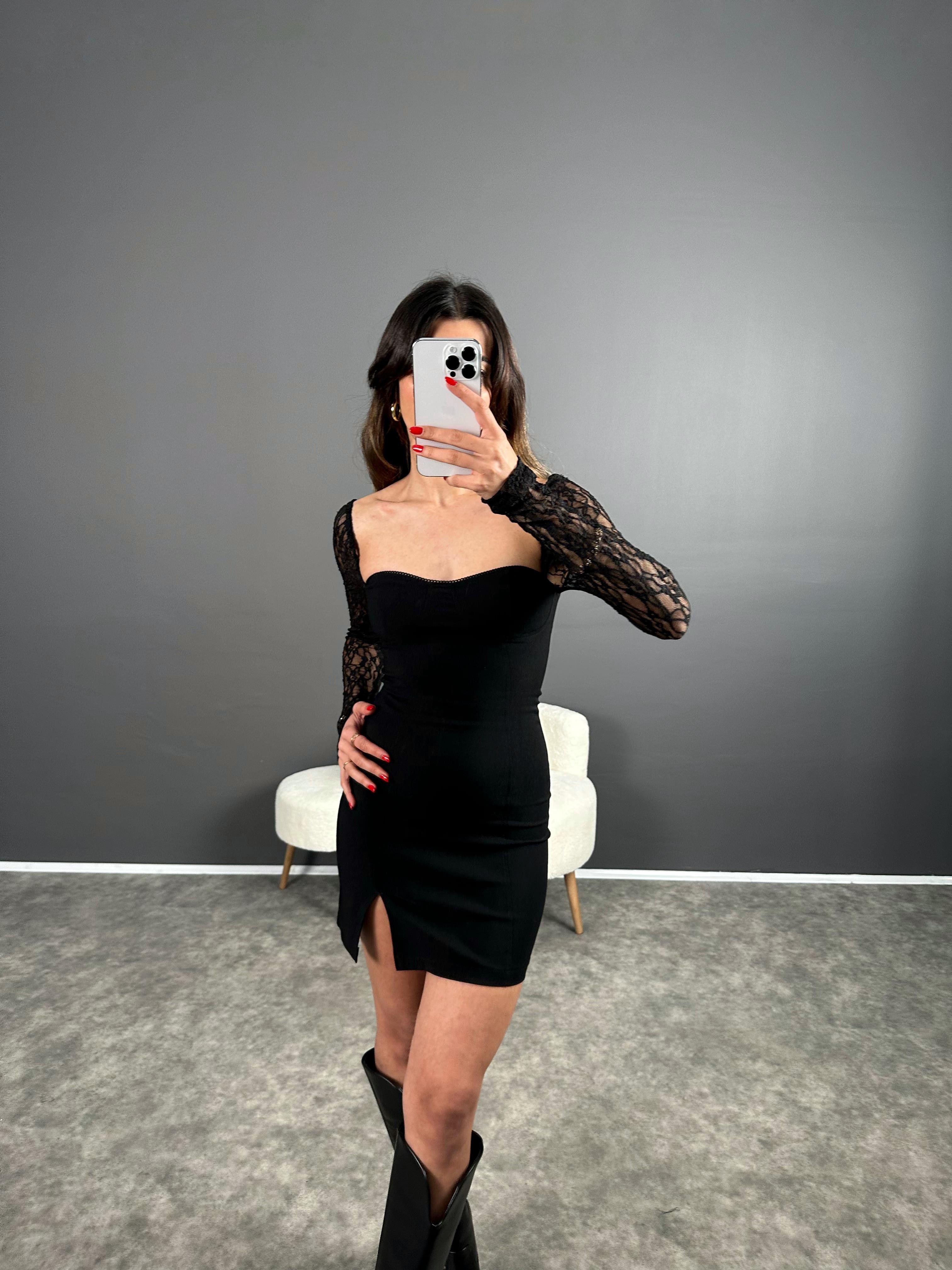 Minika Siyah Kolları Dantelli Elbise GausELBİSEGU004317