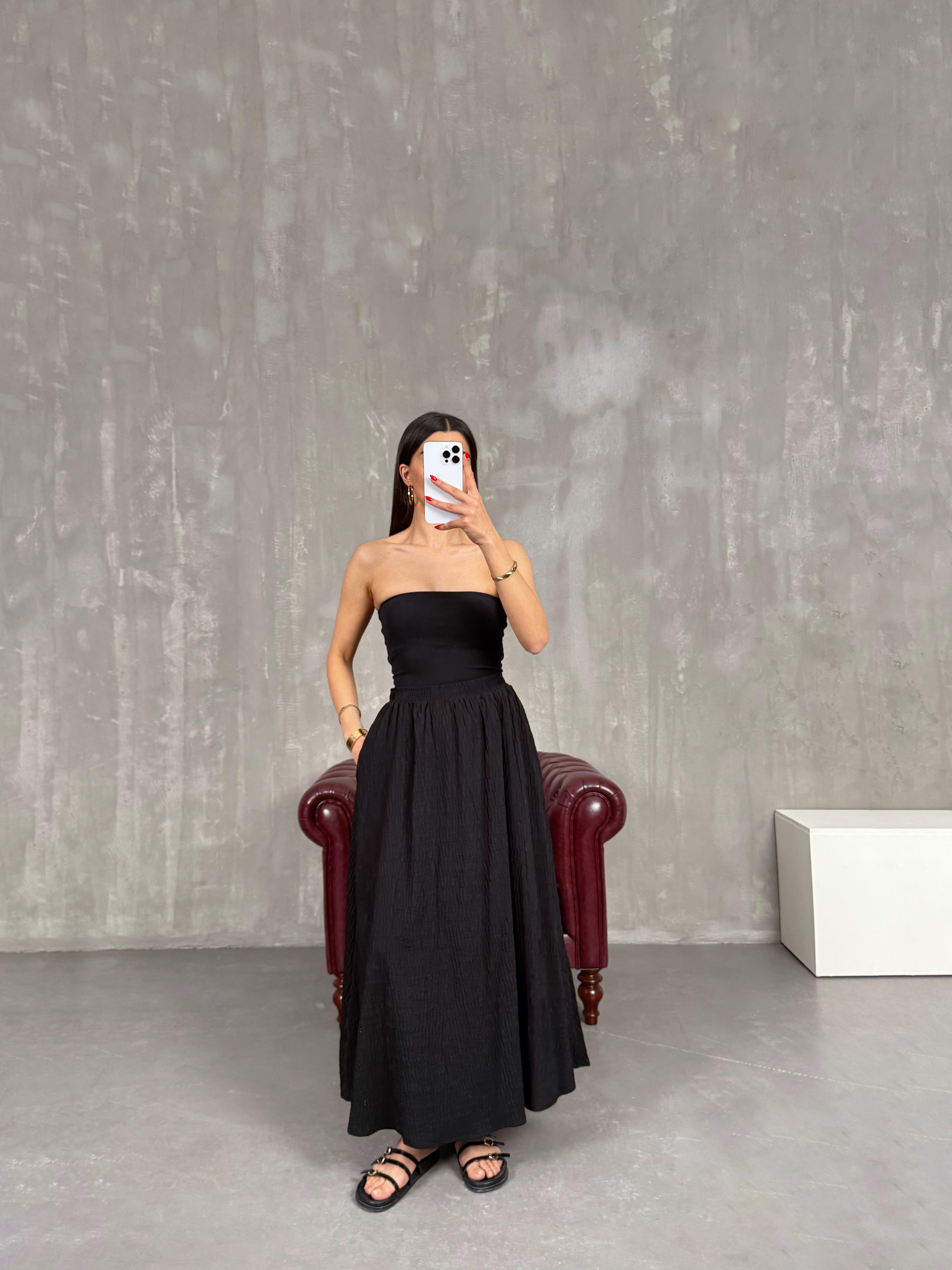 Siyah Beli Lastikli Astarlı Büzgü Detaylı Etek Gaus00196GausETEKGU1001461