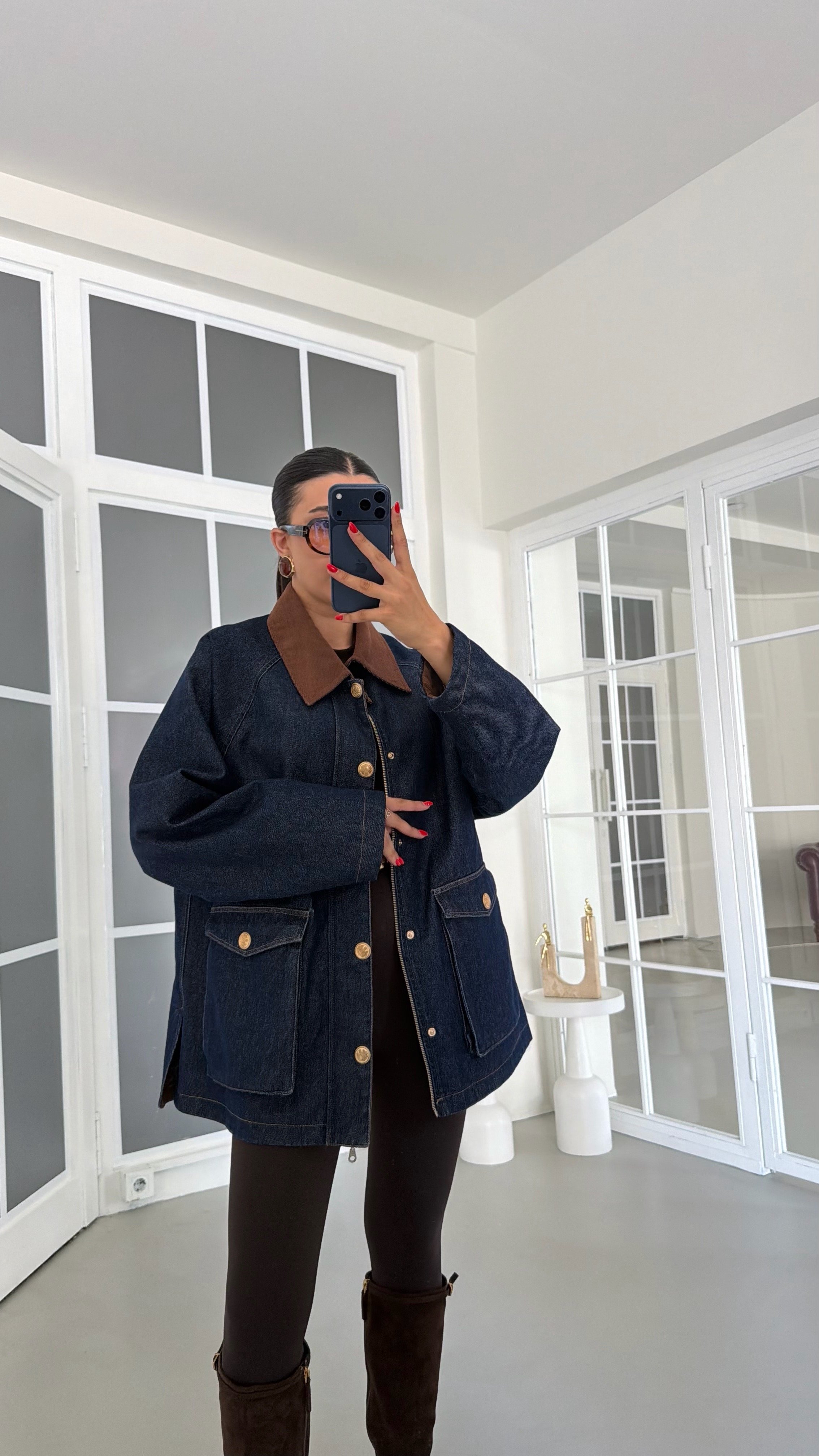 Lacivert Kadife Yaka Ekose Astarlı Denim Premium Ceket GAUS-01888GAUS السترات  GAUS-01888