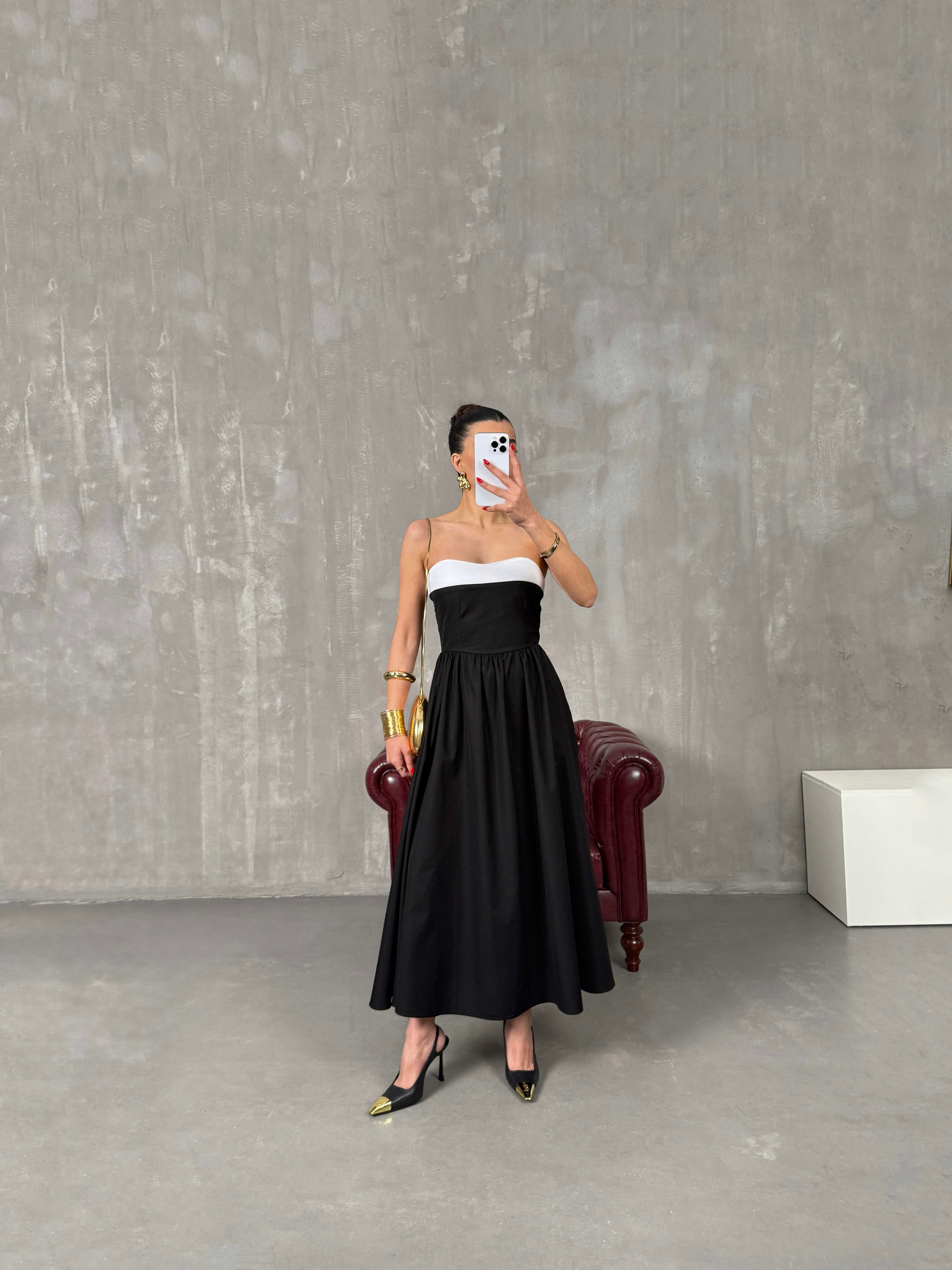 بافل فستان بوبلين أسود أبيض بدون حمالات