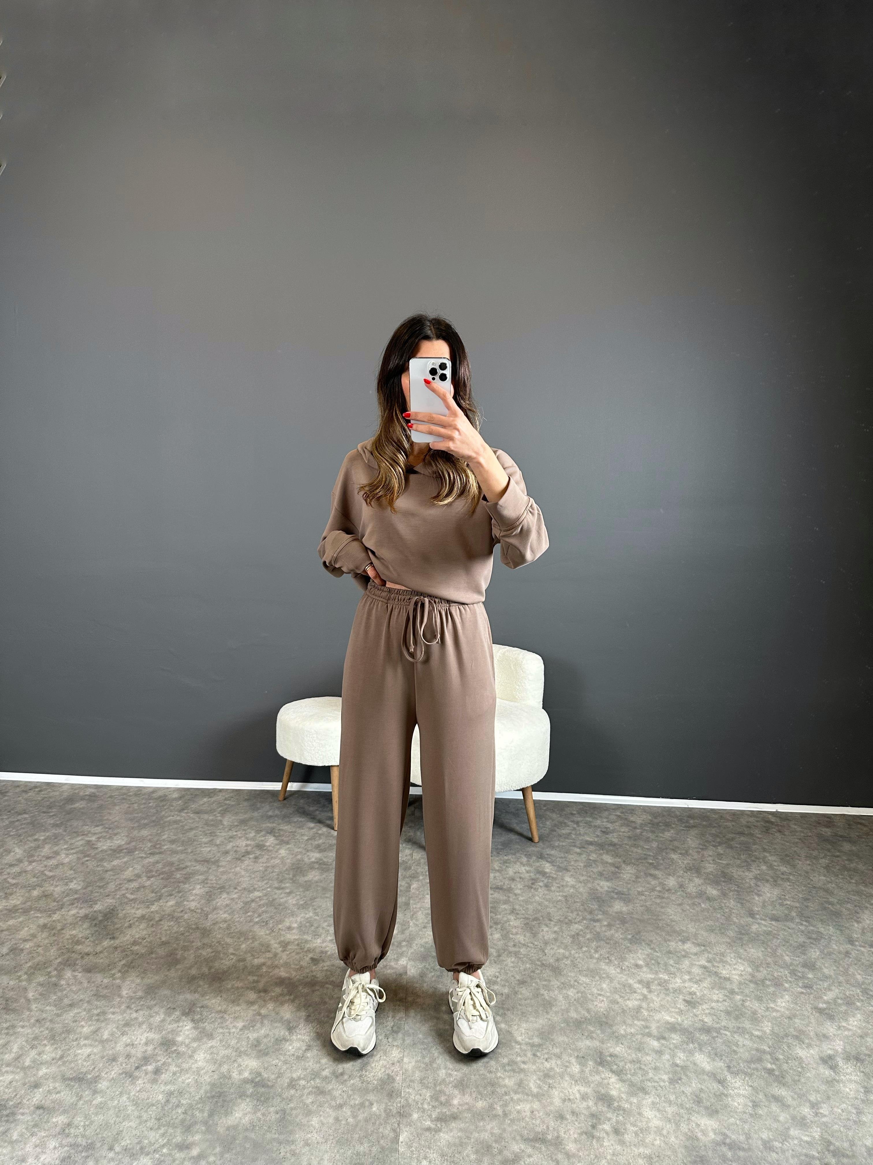 Emery Kahve Modal Kumaş Kapüşonlu Basic İkili TakımGausTAKIMGU004309